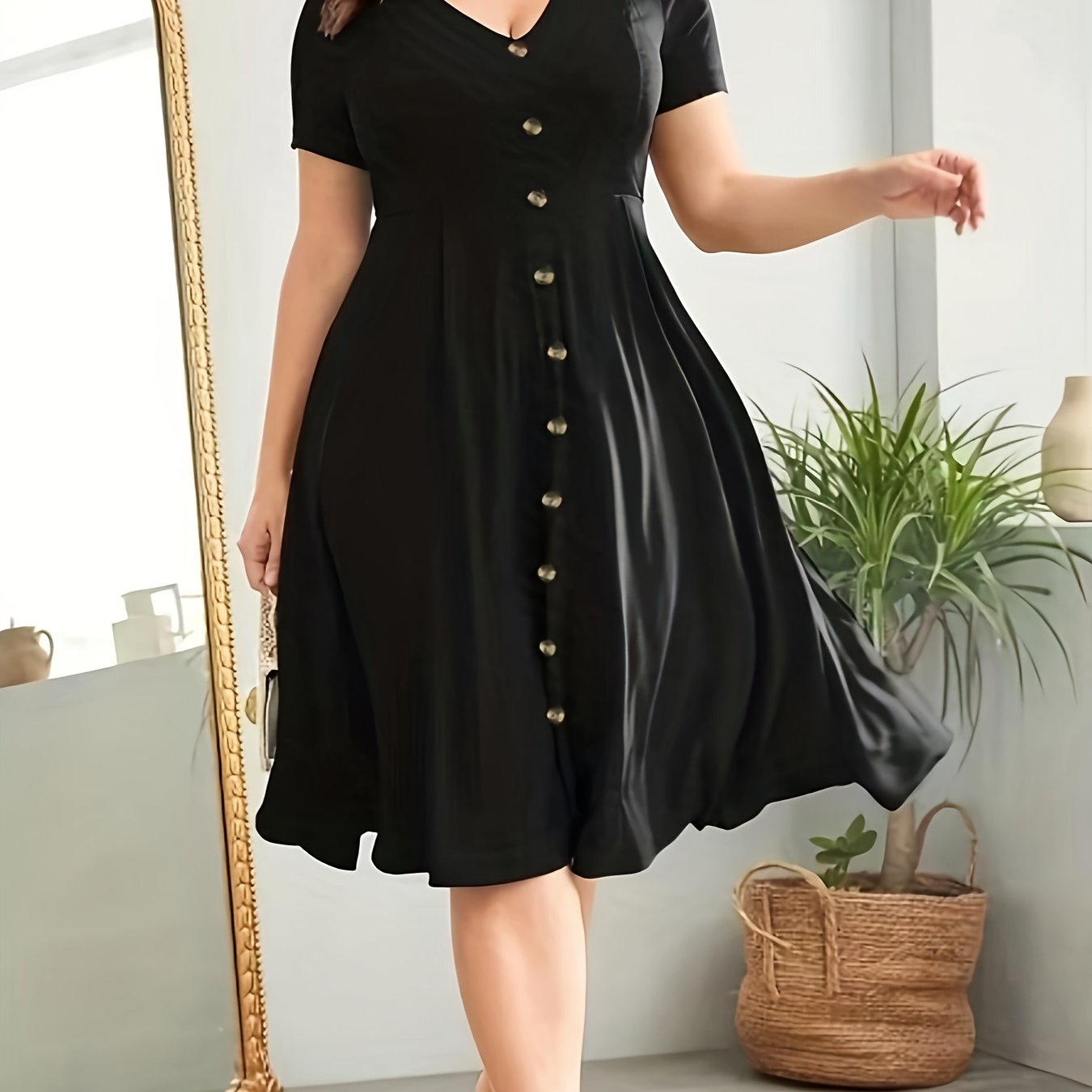 Elegant Plus Size V-Neck Dress with Button Details