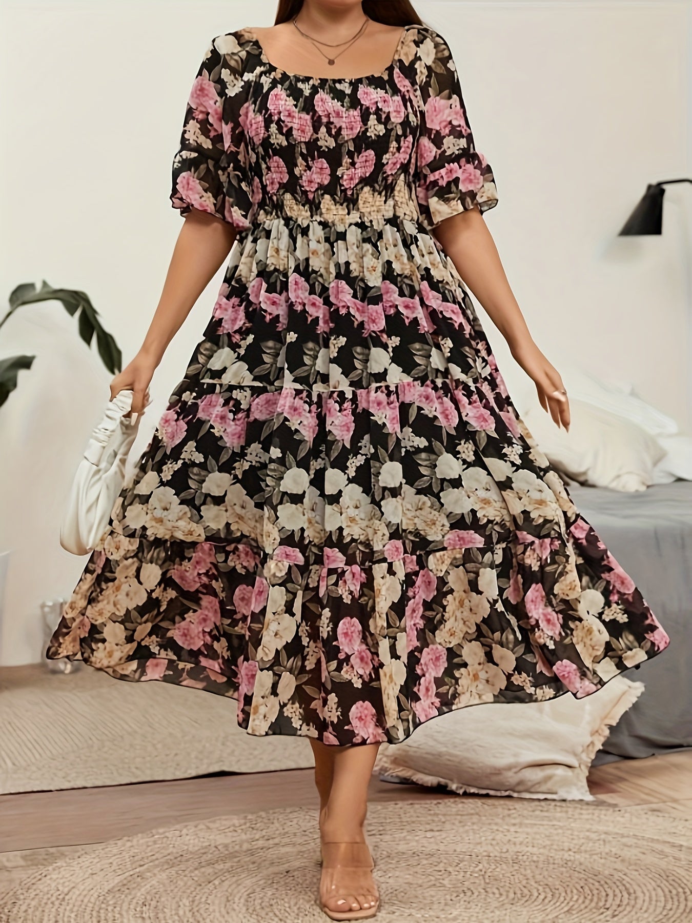 Plus Size Floral Print Chiffon Dress - Loose Fit