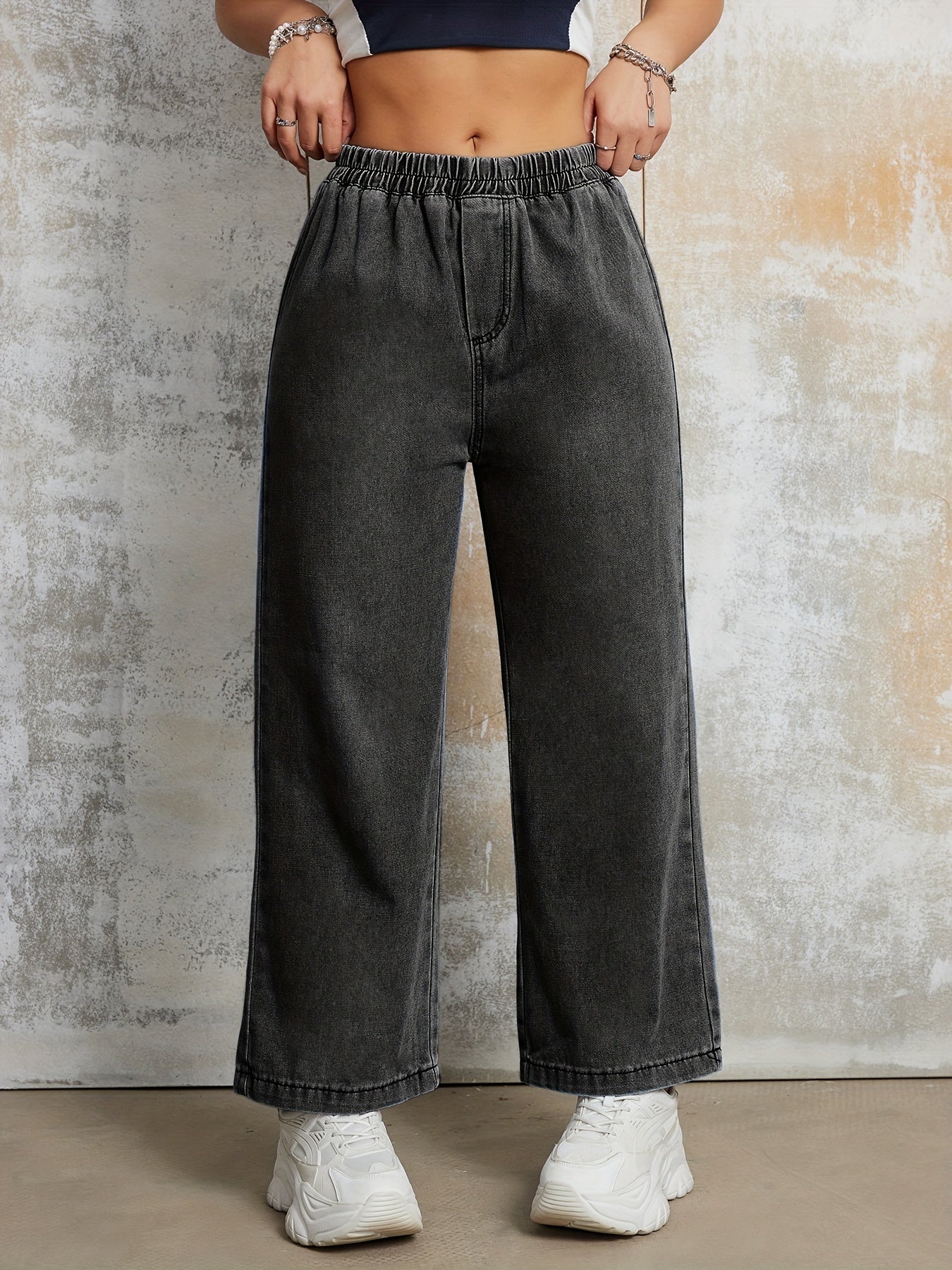 Elastic Waist Loose Fit Denim Pants