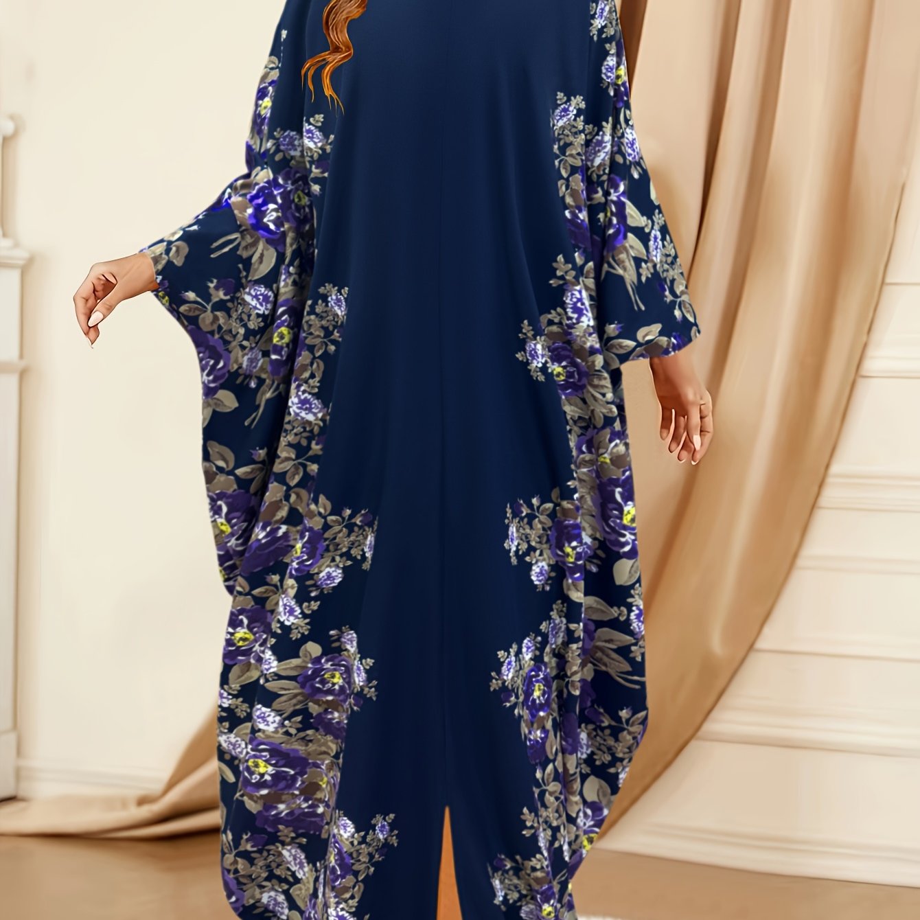 Middle Eastern-Inspired Batwing Sleeves, Loose Fit Floral Print