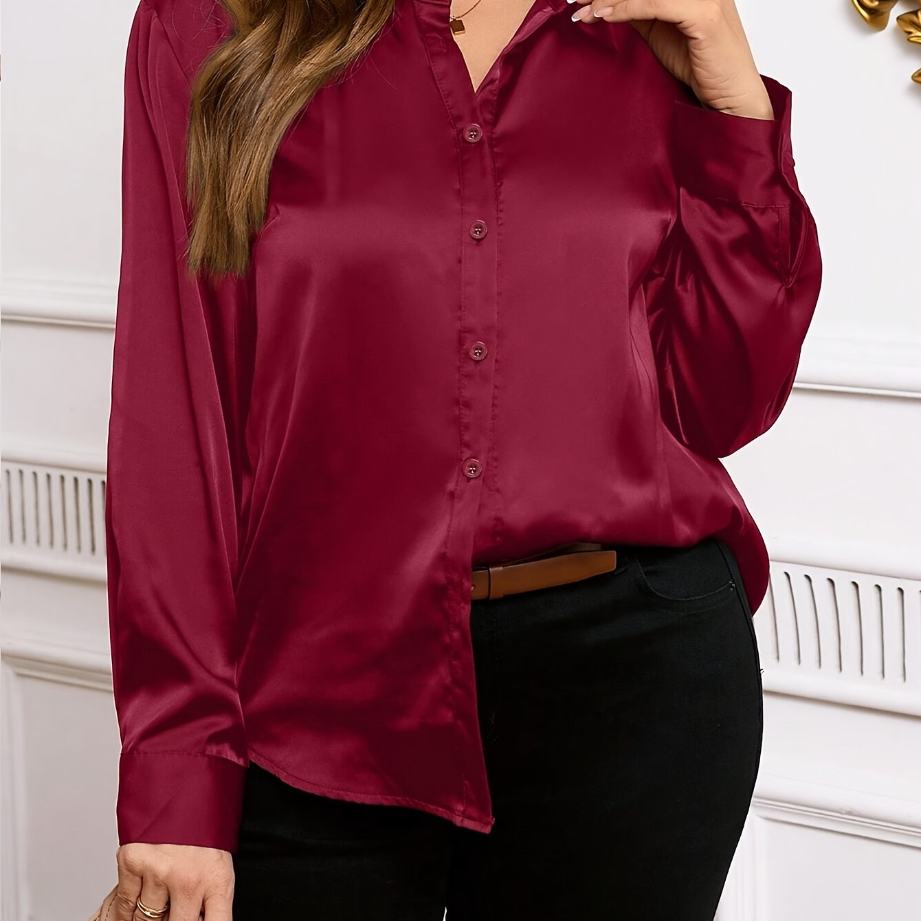 Plus Size Women's Shiny Satin Twill Button-Up Shirt