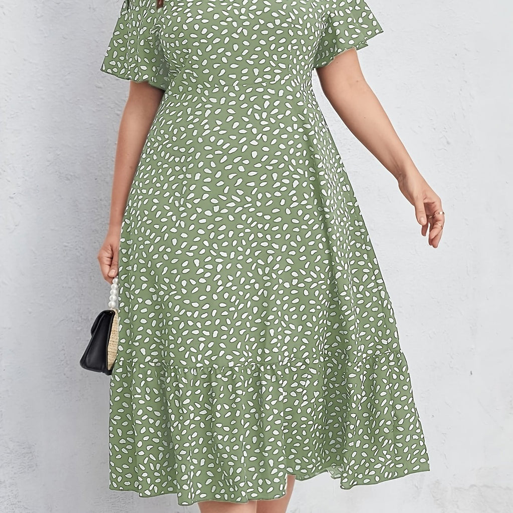 Women'S Plus Size Green Floral Print Dress - Short Sleeve