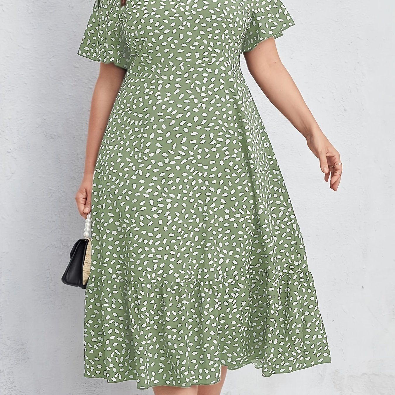 Women'S Plus Size Green Floral Print Dress - Short Sleeve