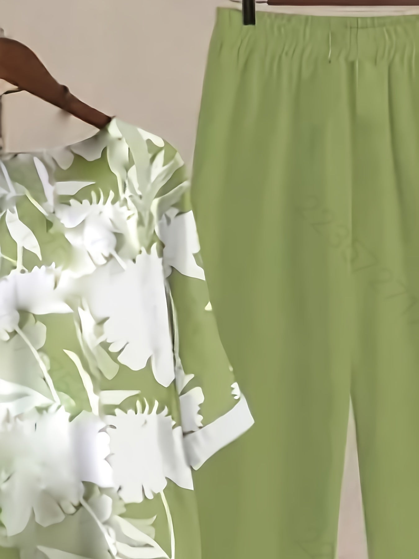 Plants Print Two-piece Set, Casual Short Sleeve T-shirt & Pants Outfits