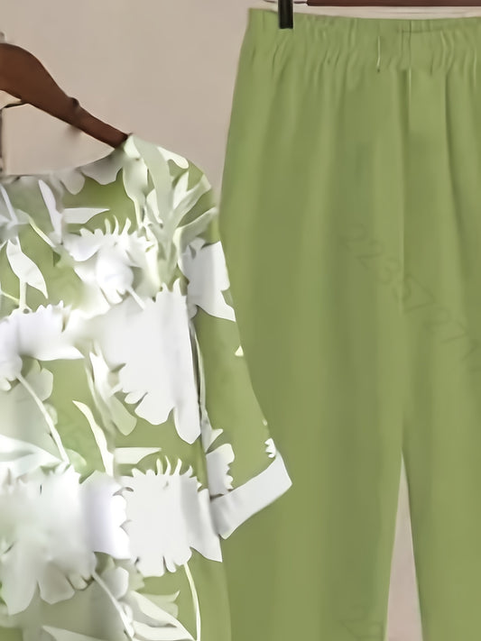 Plants Print Two-piece Set, Casual Short Sleeve T-shirt & Pants Outfits