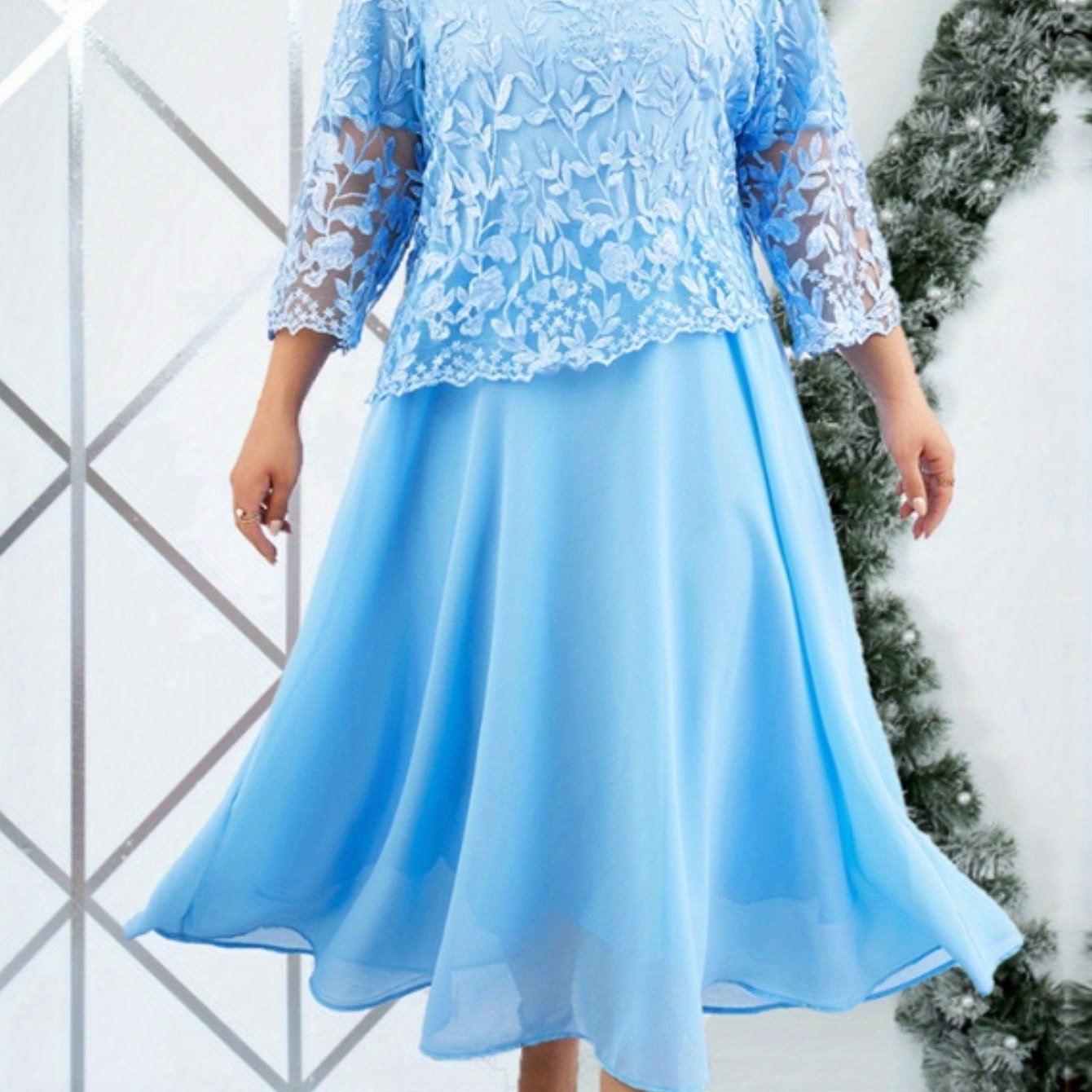 Plus Size Elegant Embroidered Lace Midi Dress for Women - Sleeveless, Chiffon Fabric, Crew Neck, Ball Gown Skirt, Summer Wedding Party