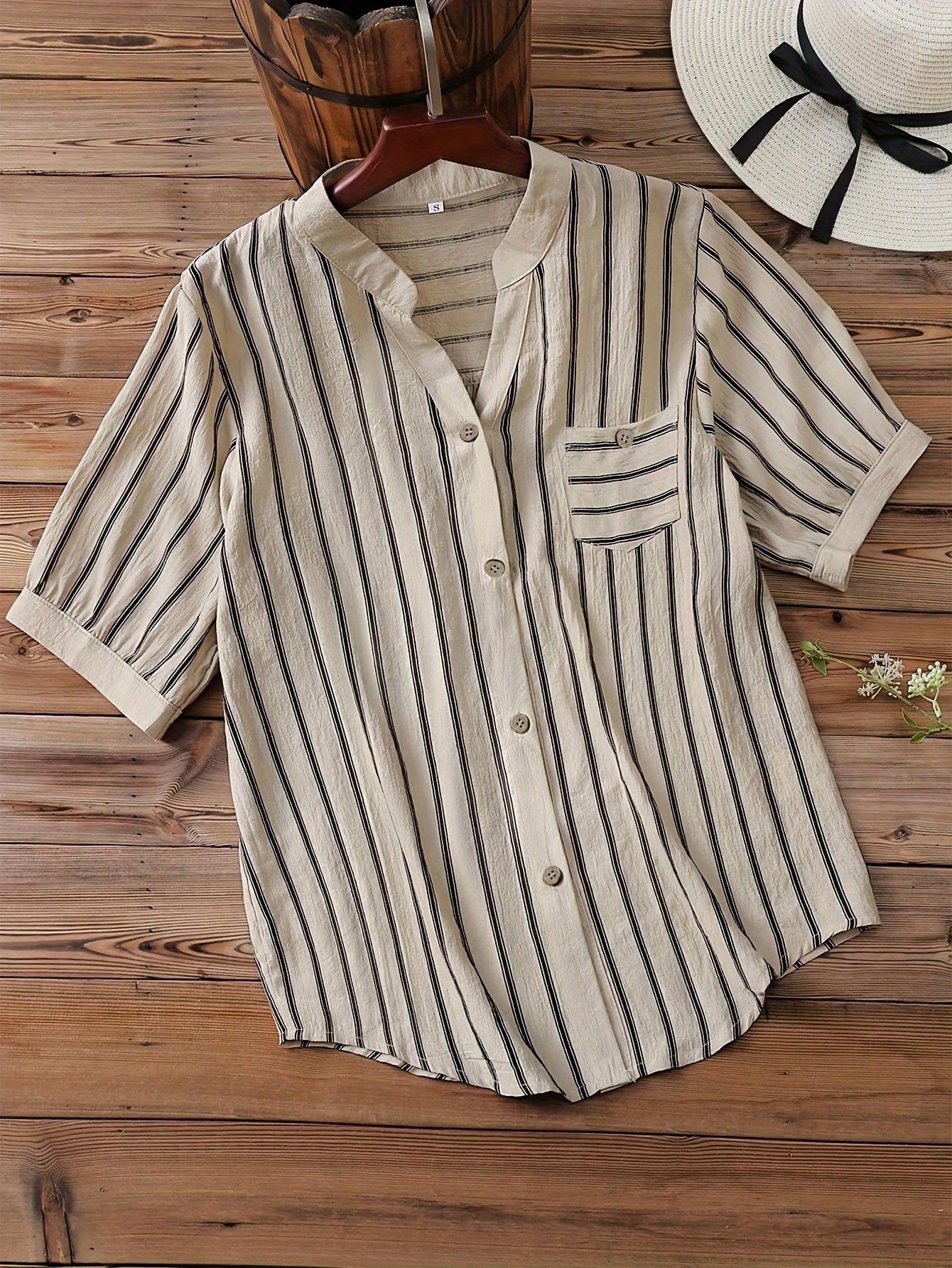 Women's Casual Business V-Neck Button-Up Shirt - Short Sleeve Striped Blouse with Chest Pocket