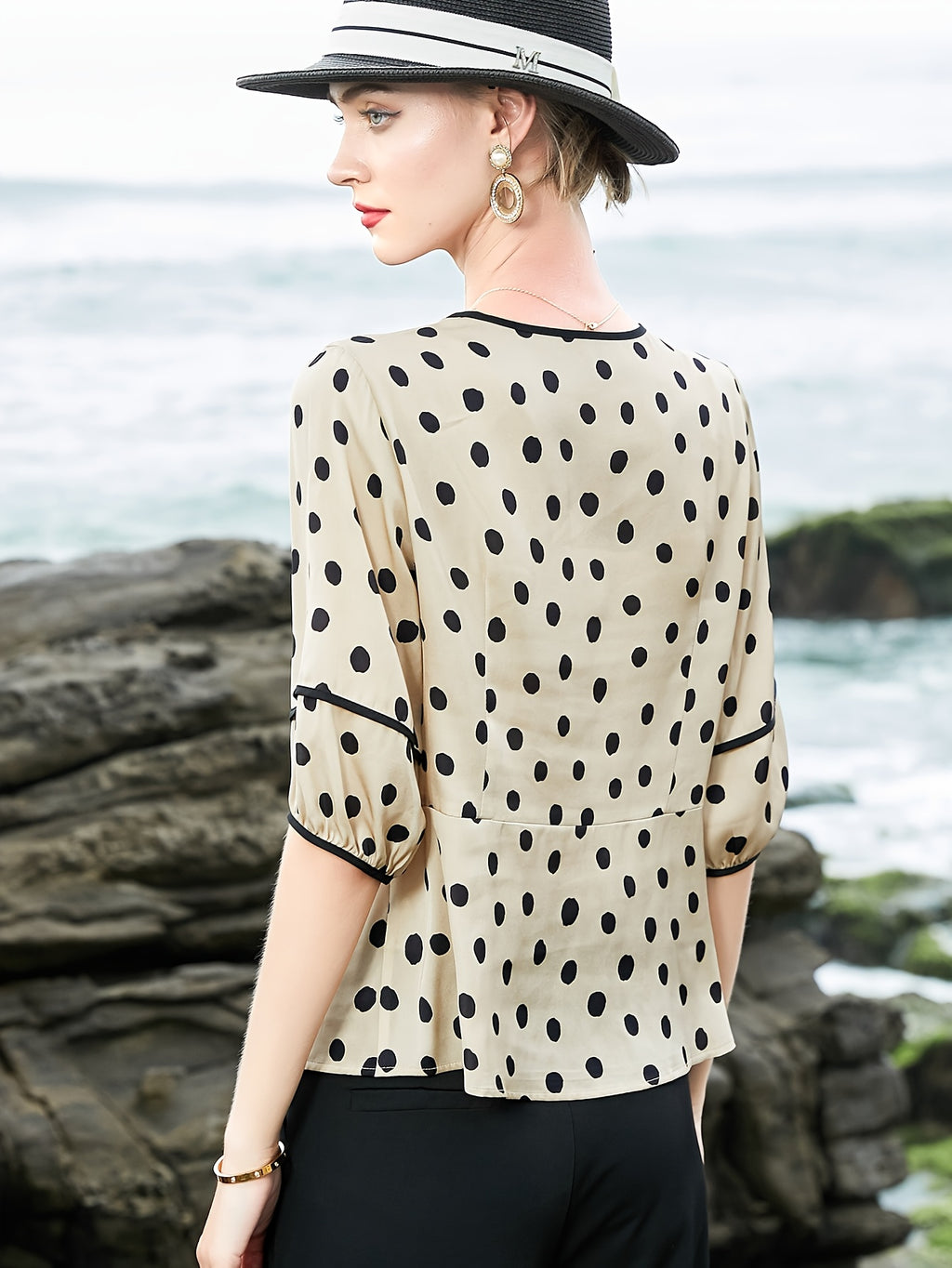 Women's Short Sleeve Blouse - Chic Polka Dot Asymmetrical Hem Round Neck Top