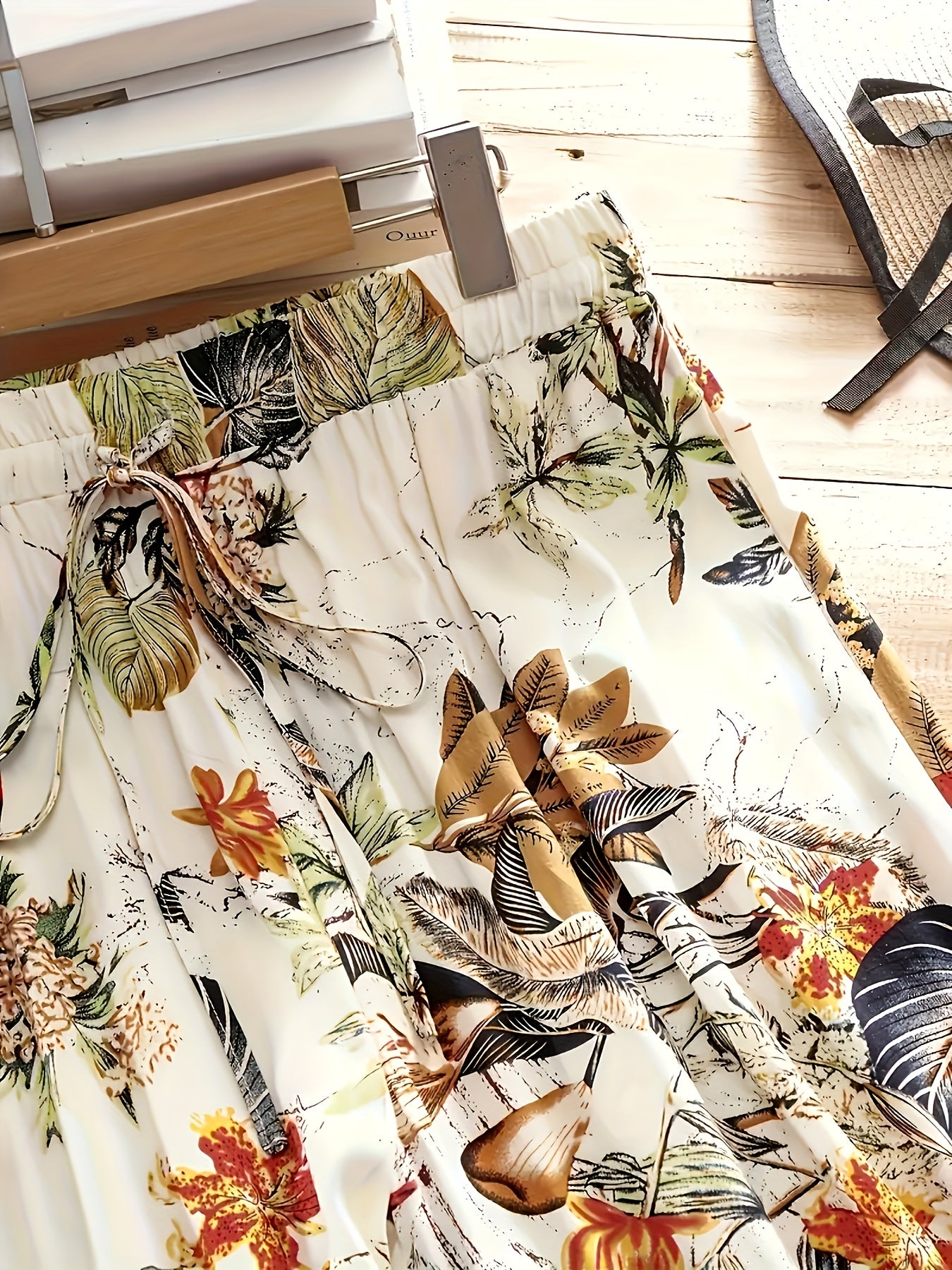 Women's Tropical Floral Print Elastic Waist Straight-Leg Pants