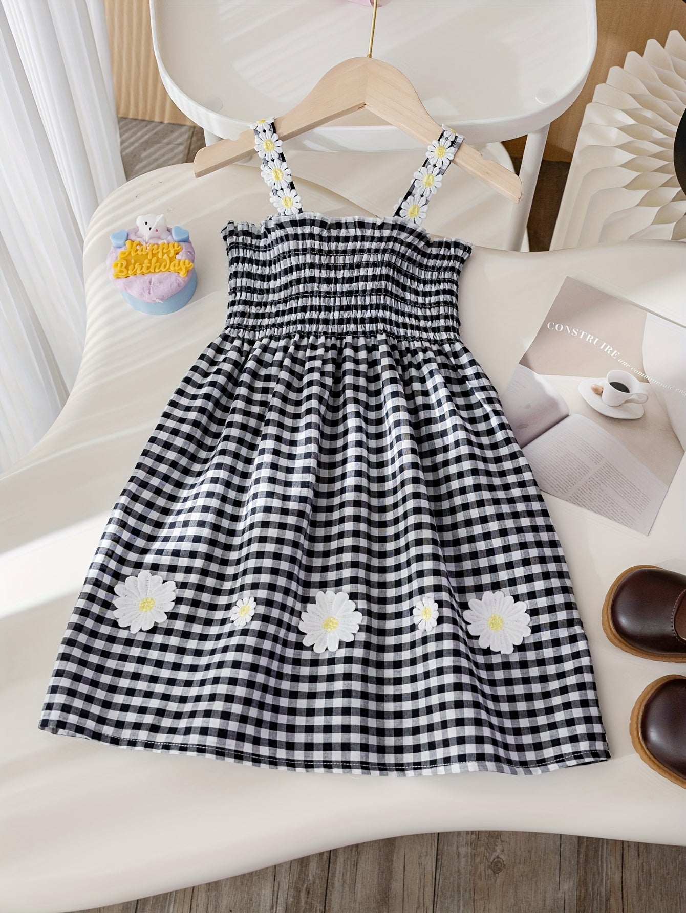 Girls' New Summer Daisy Plaid Casual Dress