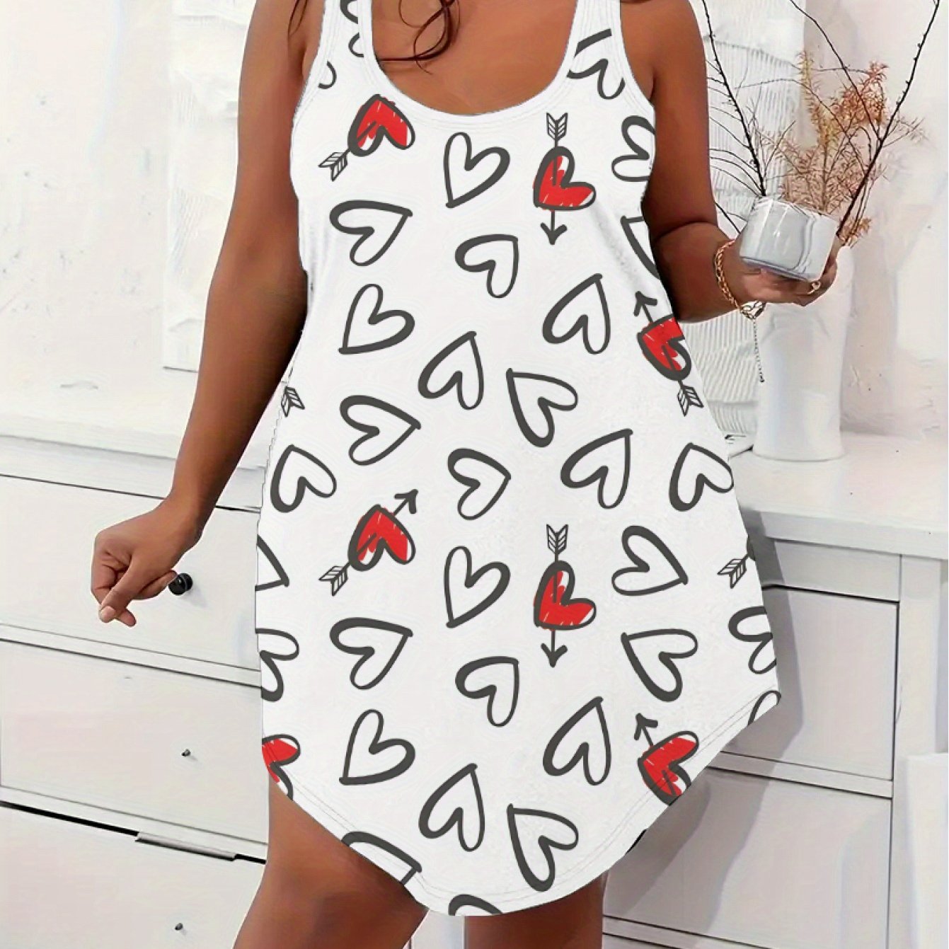 Plus Size Women'S Casual Slip Dress - Soft & Smooth Fabric, Heart Print Sleeveless Tank Dress, Easy Wear for All Seasons, Comfortable