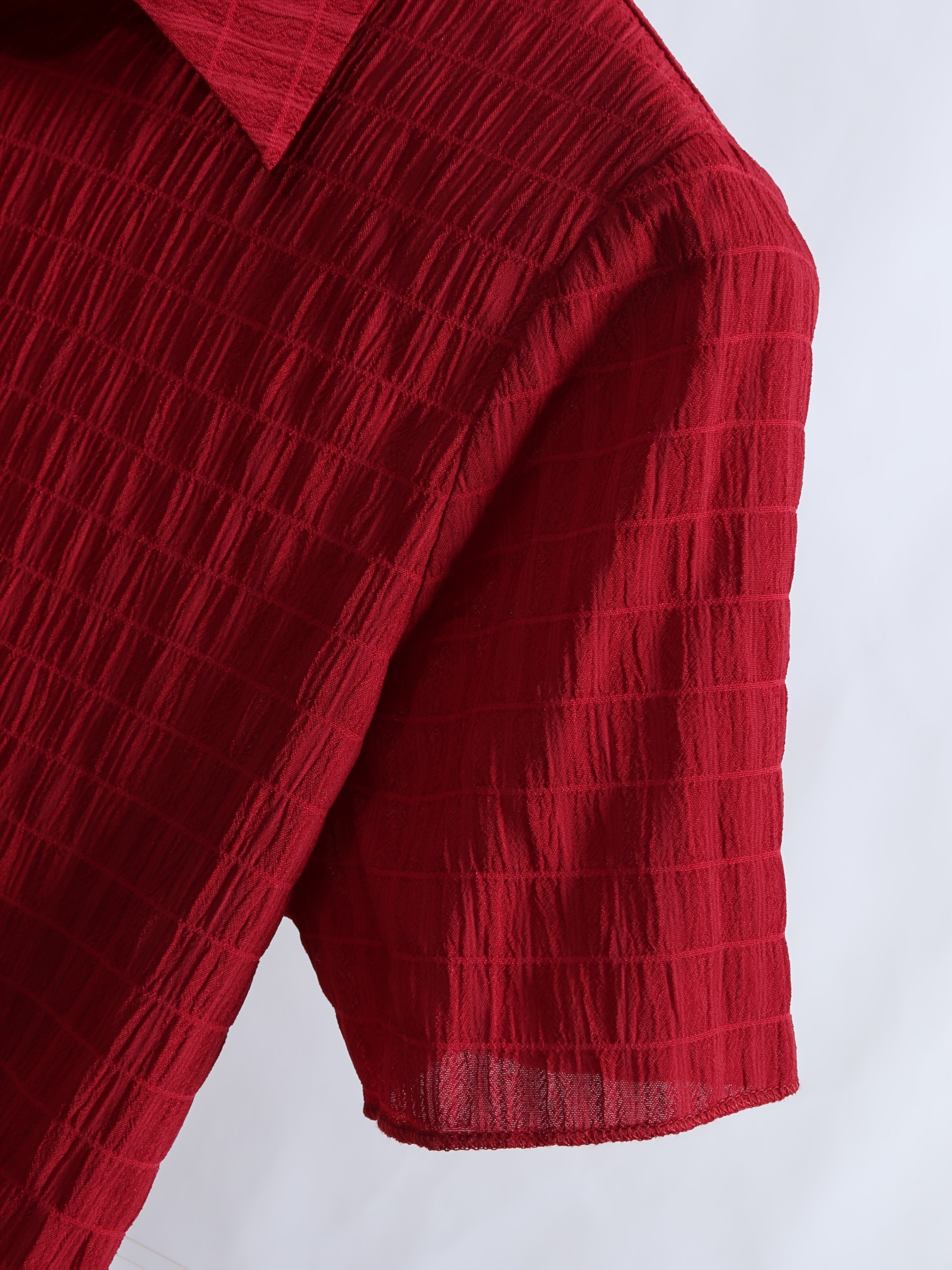 Women's Casual Red Short Sleeve Button-Up Shirt - Machine Washable, Collared Design