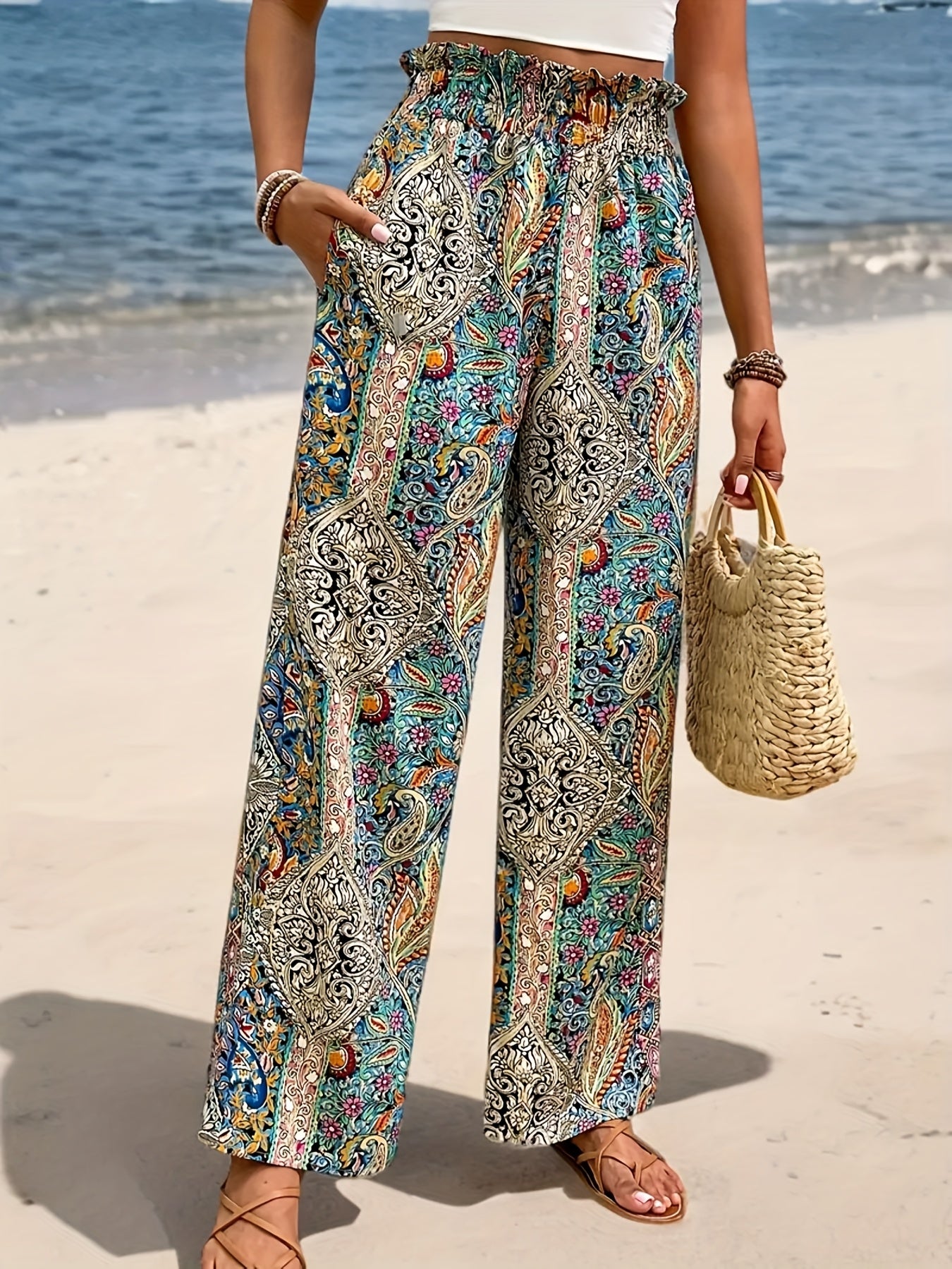 Women's Bohemian Paisley Print Wide-Leg Pants