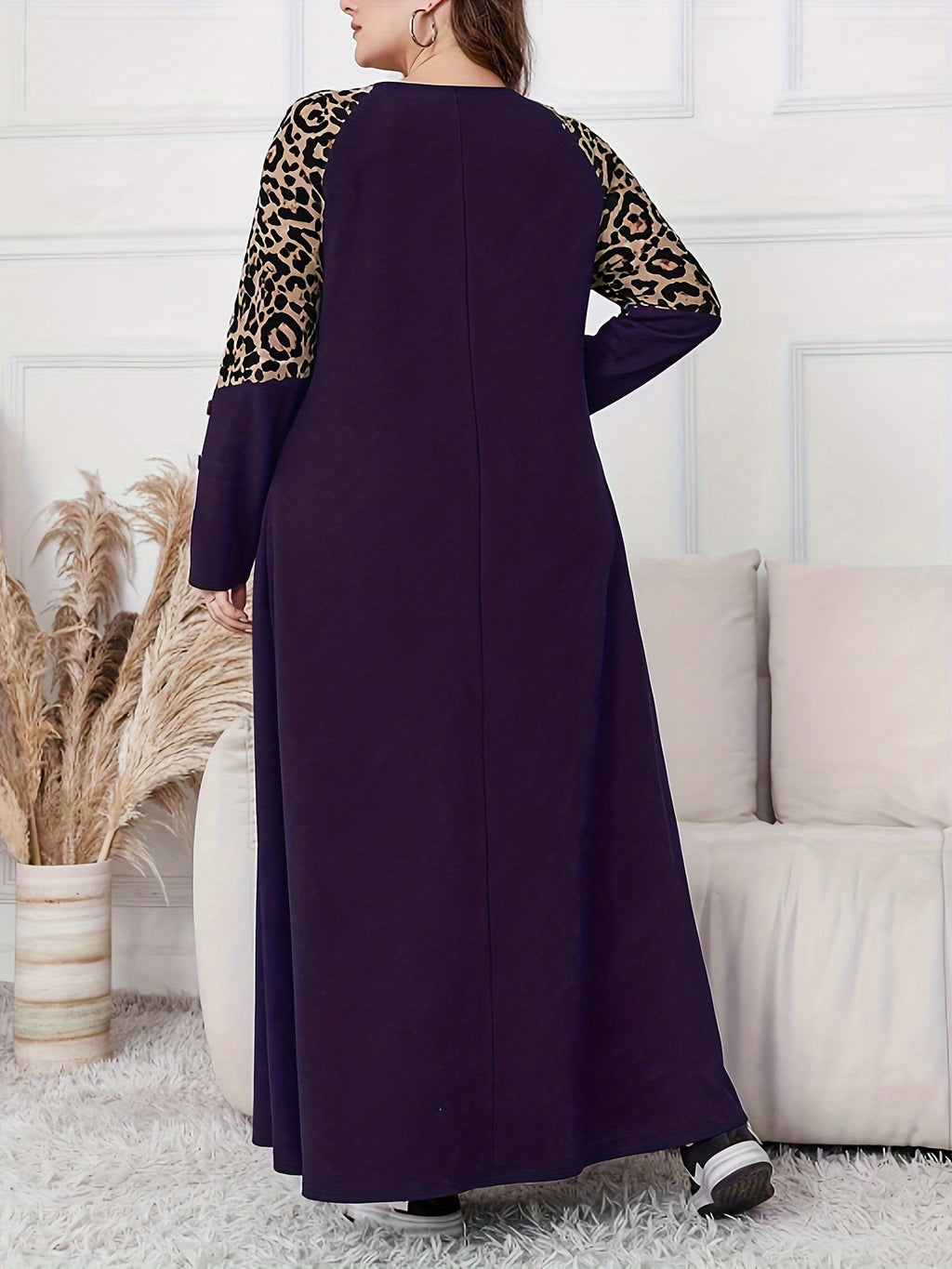 Women's Plus Size Elegant Leopard Print A-Line Maxi Dress with Swing Waist