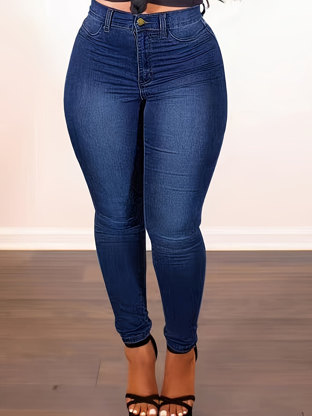 Women's High-Waisted Stretch Jeans - Non-See-Through Stretch Denim Pants with Button Closure