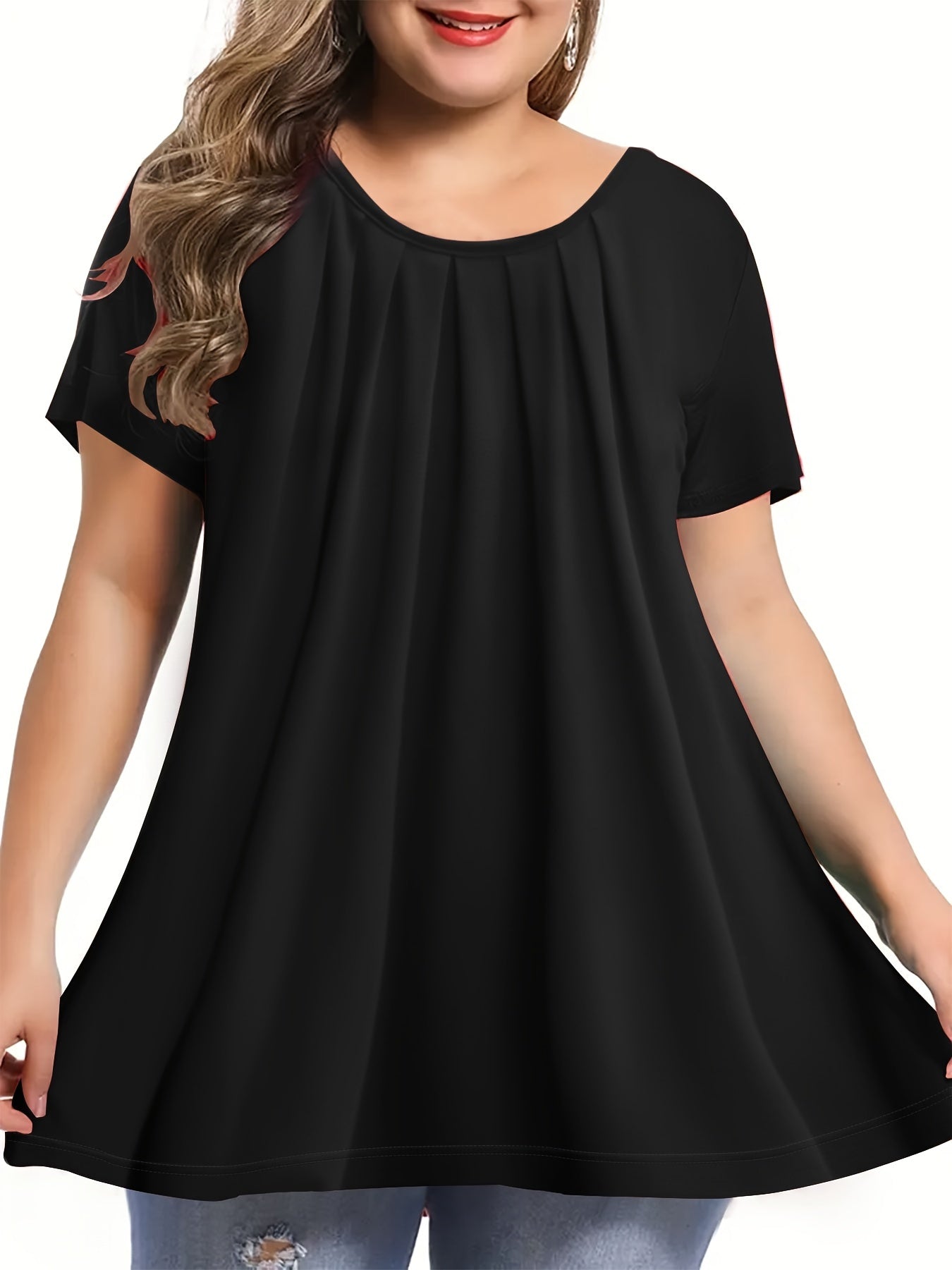 Polyester Elegant Crew Neck Ruched Bust Slight Stretch Knit Fabric Pullovers