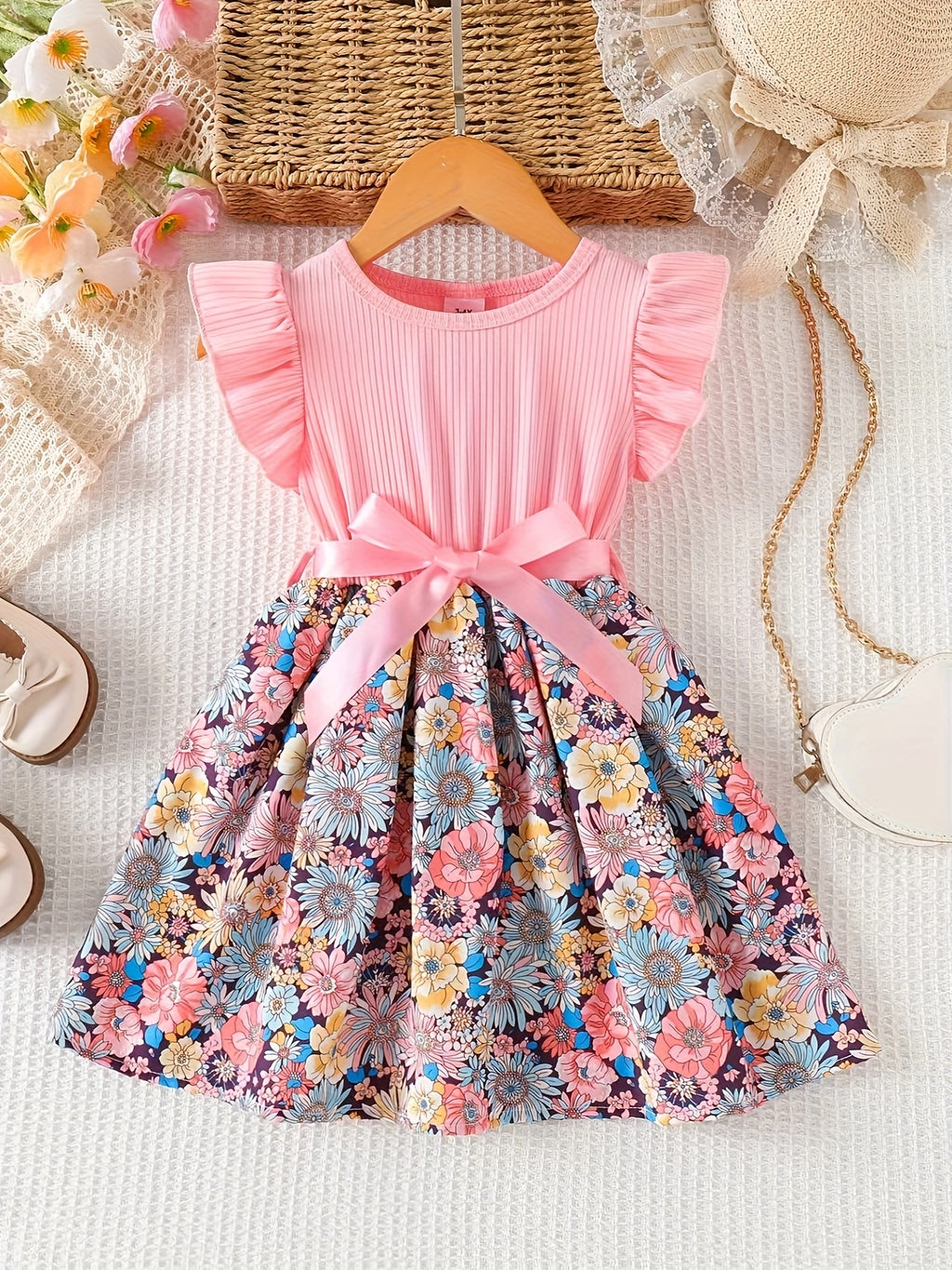 Girls' Floral Print Ruffled Sleeve Dress with Ribbon Belt