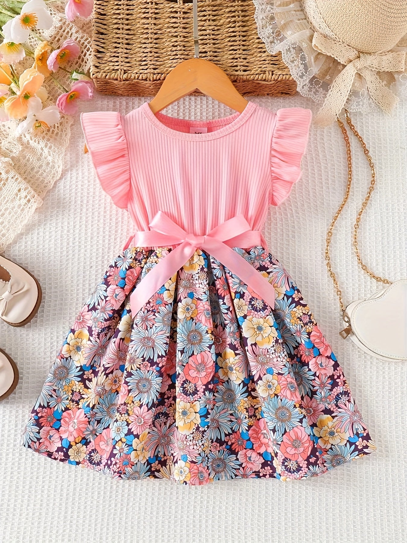 Girls' Floral Print Ruffled Sleeve Dress with Ribbon Belt