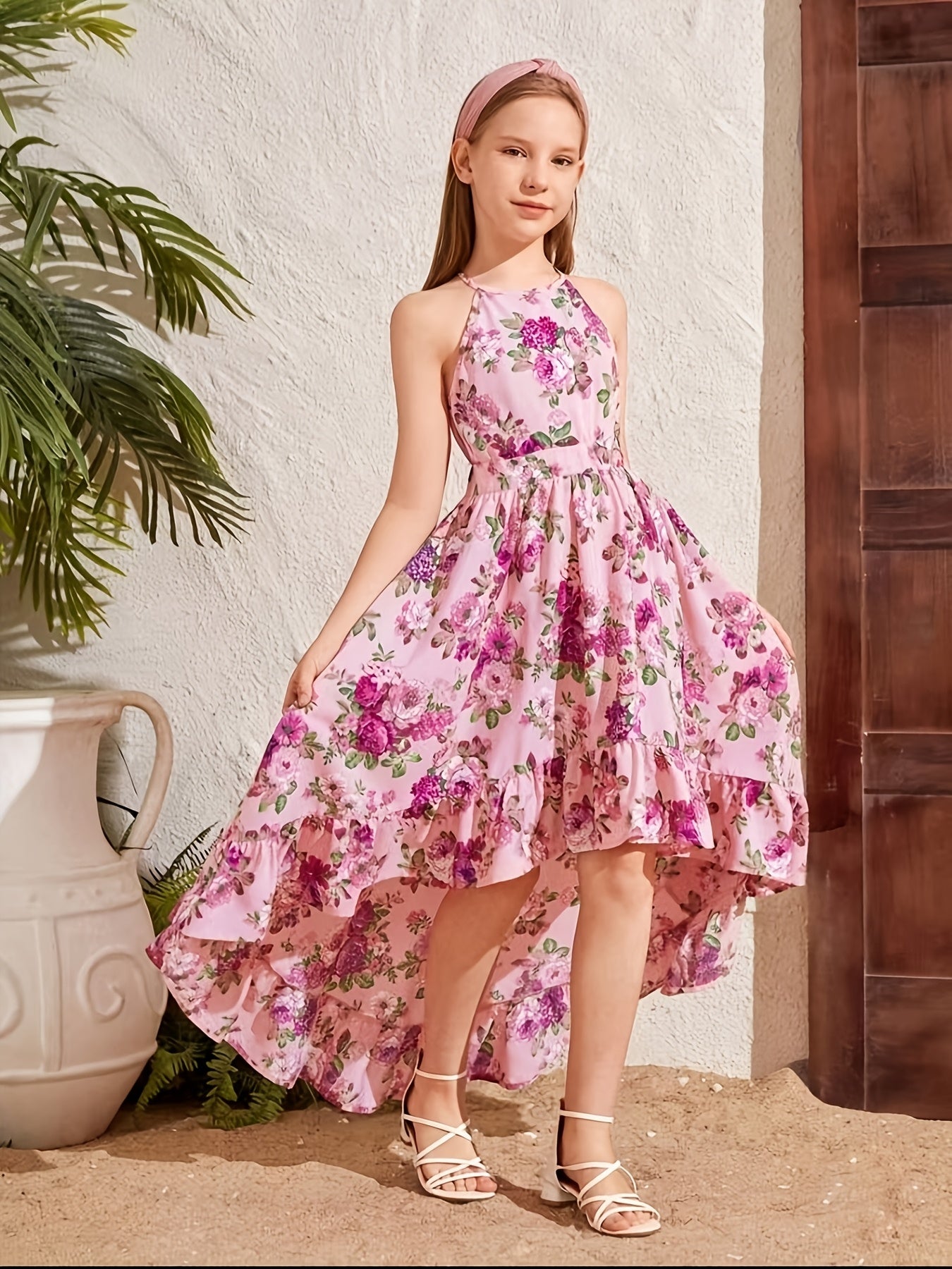 Sleeveless Off-Shoulder Elegant Floral Print Midi Dress for Teen Girls