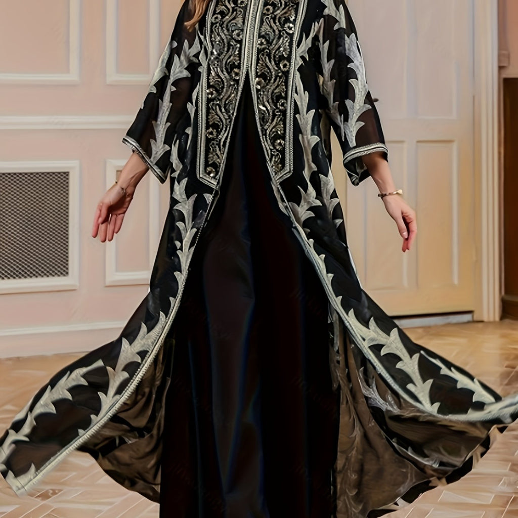 Plus Size - Elegant Embroidered Black Long Robe | Loose Comfortable Regular Fit