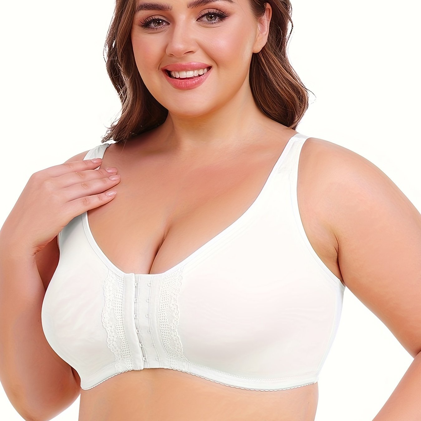 Plus Size Women's Front-Opening Sports Bra, V-Neck, Stretchy Polyester, Solid Color with Lace Detail, No Padding, Low Support, Knit Fabric, for