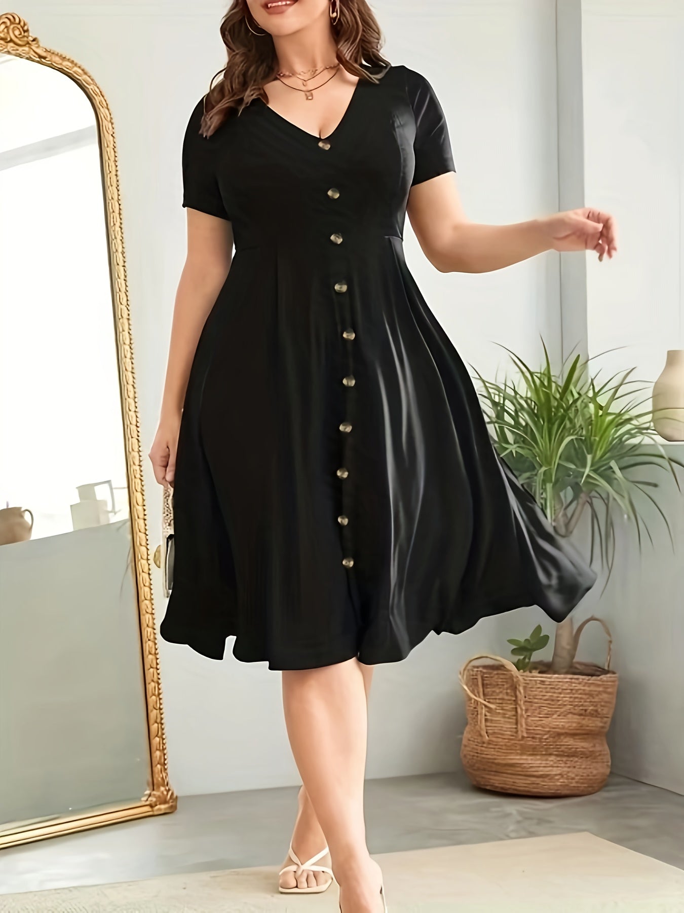 Elegant Plus Size V-Neck Dress with Button Details