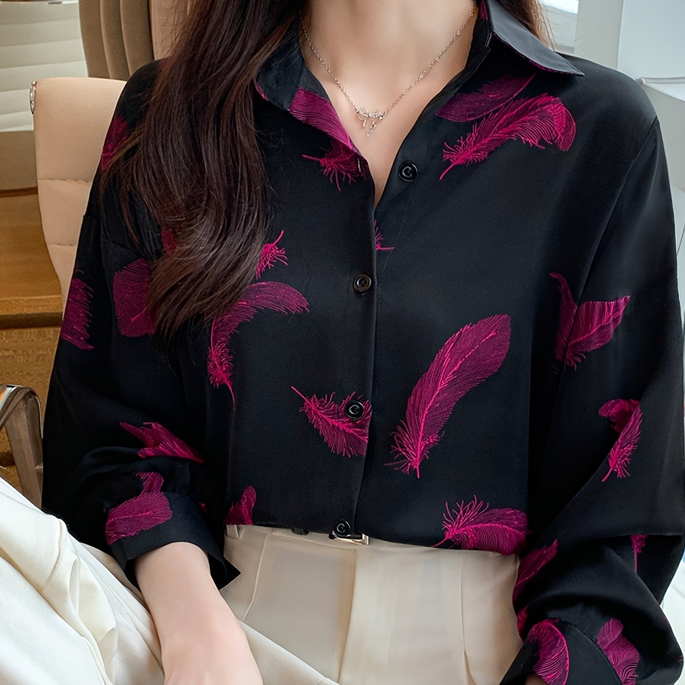 Women's Vintage Print Long Sleeve Polo Shirt, Spring/Fall Casual Loose Fit Lapel Collar Blouse