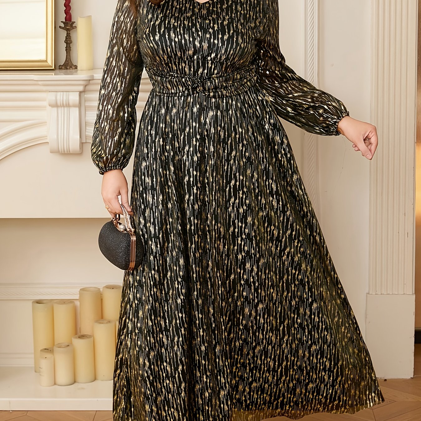 Plus Size Elegant Maxi Dress, Long Sleeve V-Neck
