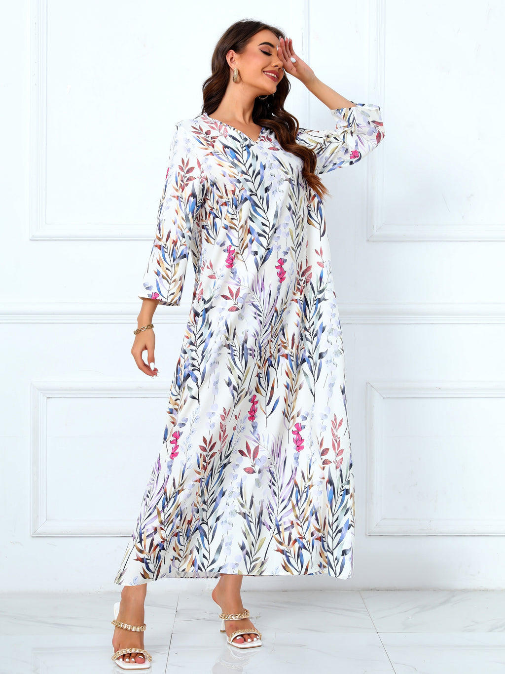 Floral Print V Neck Modest Dress