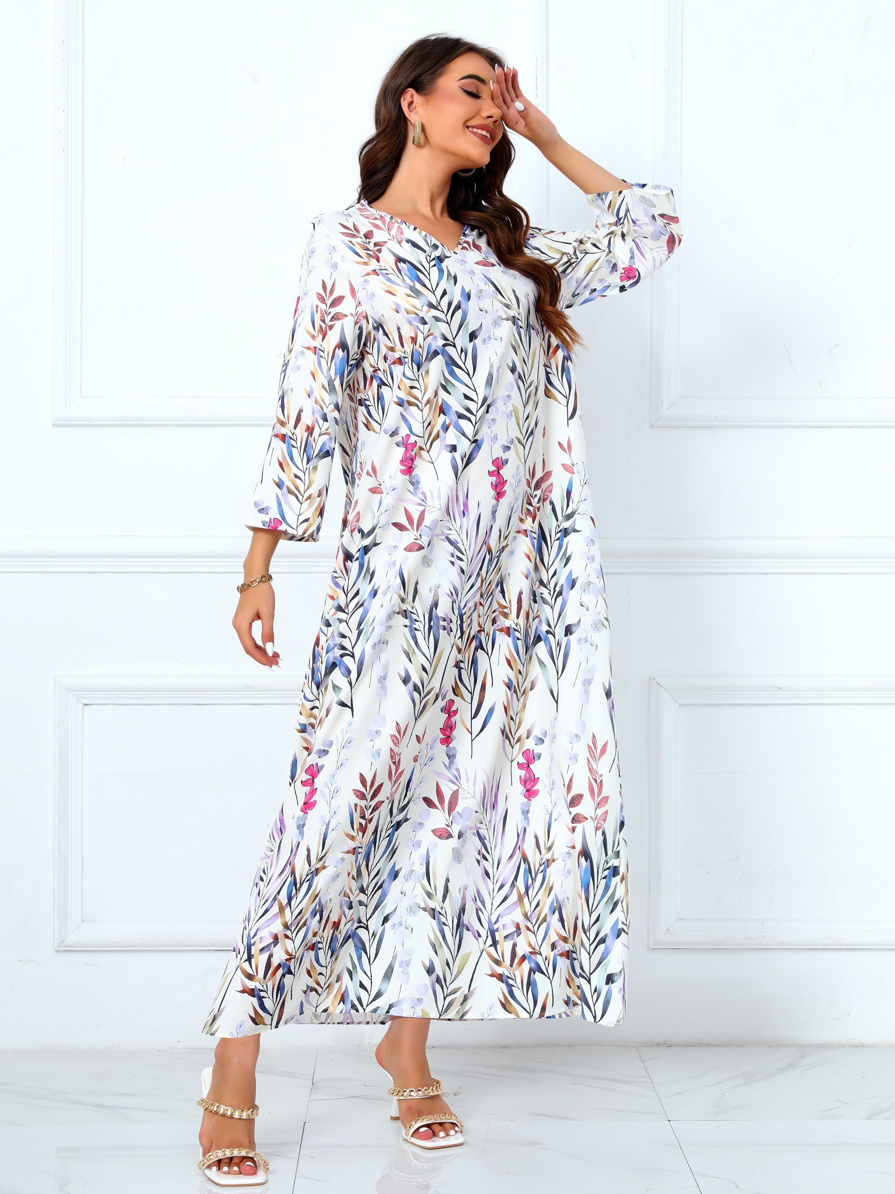 Floral Print V Neck Modest Dress