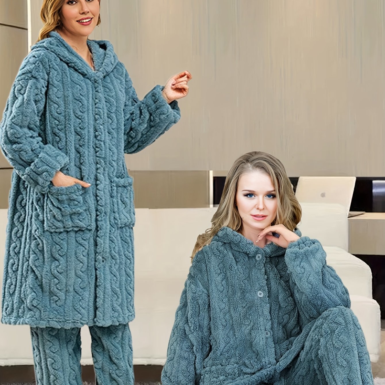 Thick Flannel Pajama Set for Women & Men - Winter Hooded Thermal Sleepwear with Front Button Placket