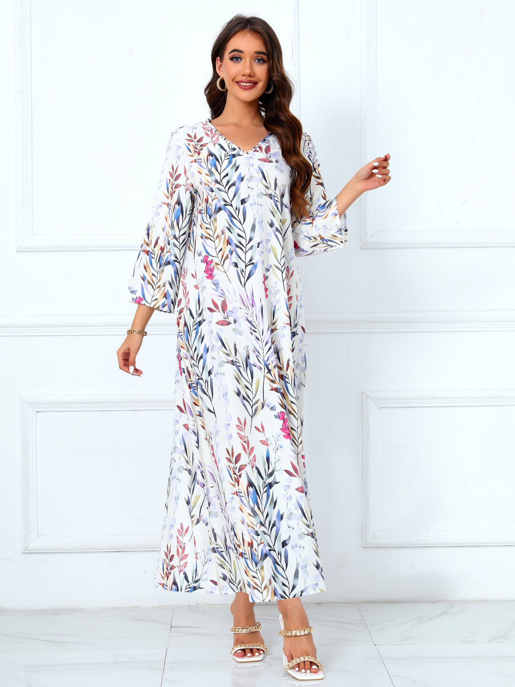 Floral Print V Neck Modest Dress