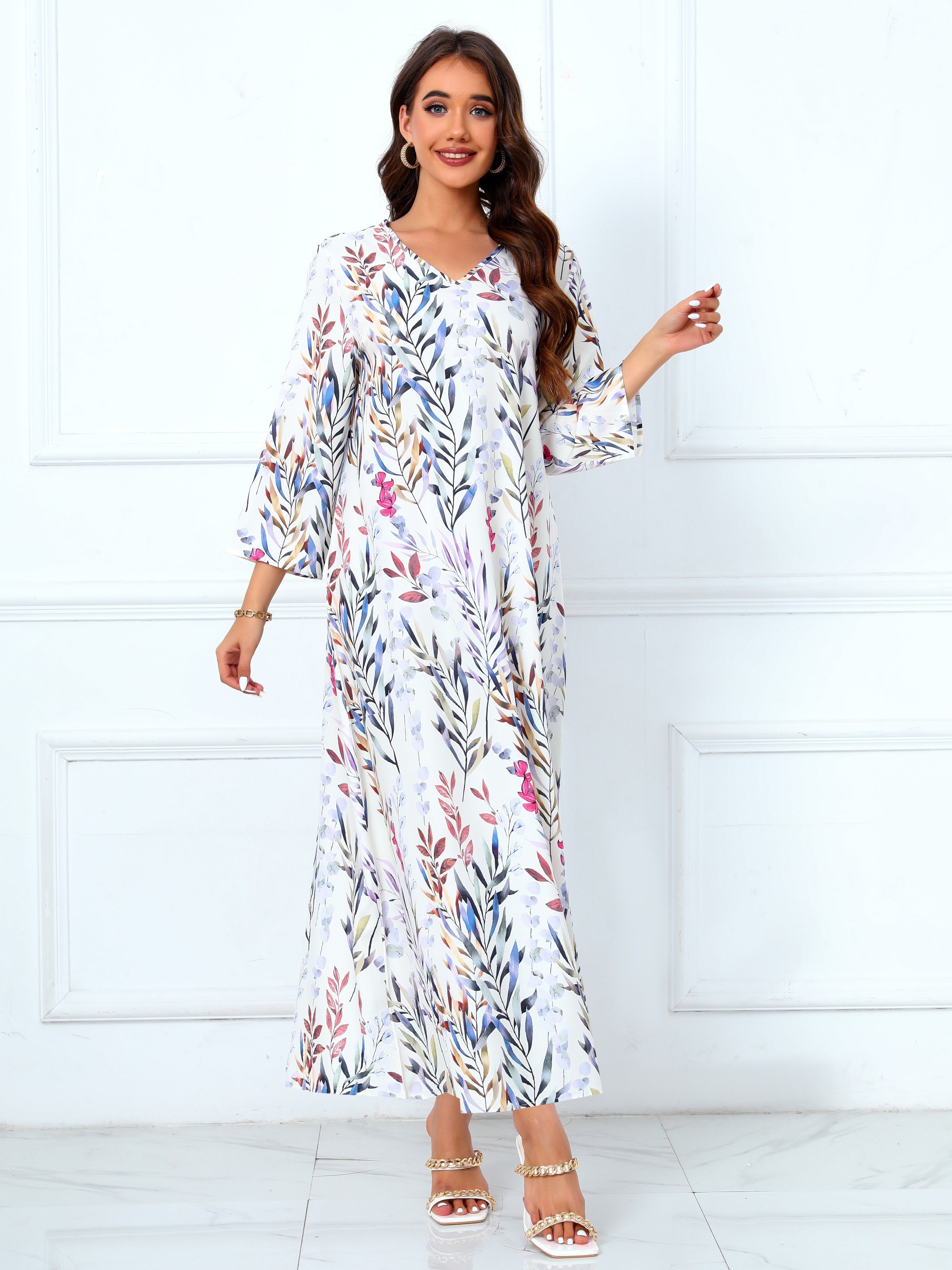 Floral Print V Neck Modest Dress