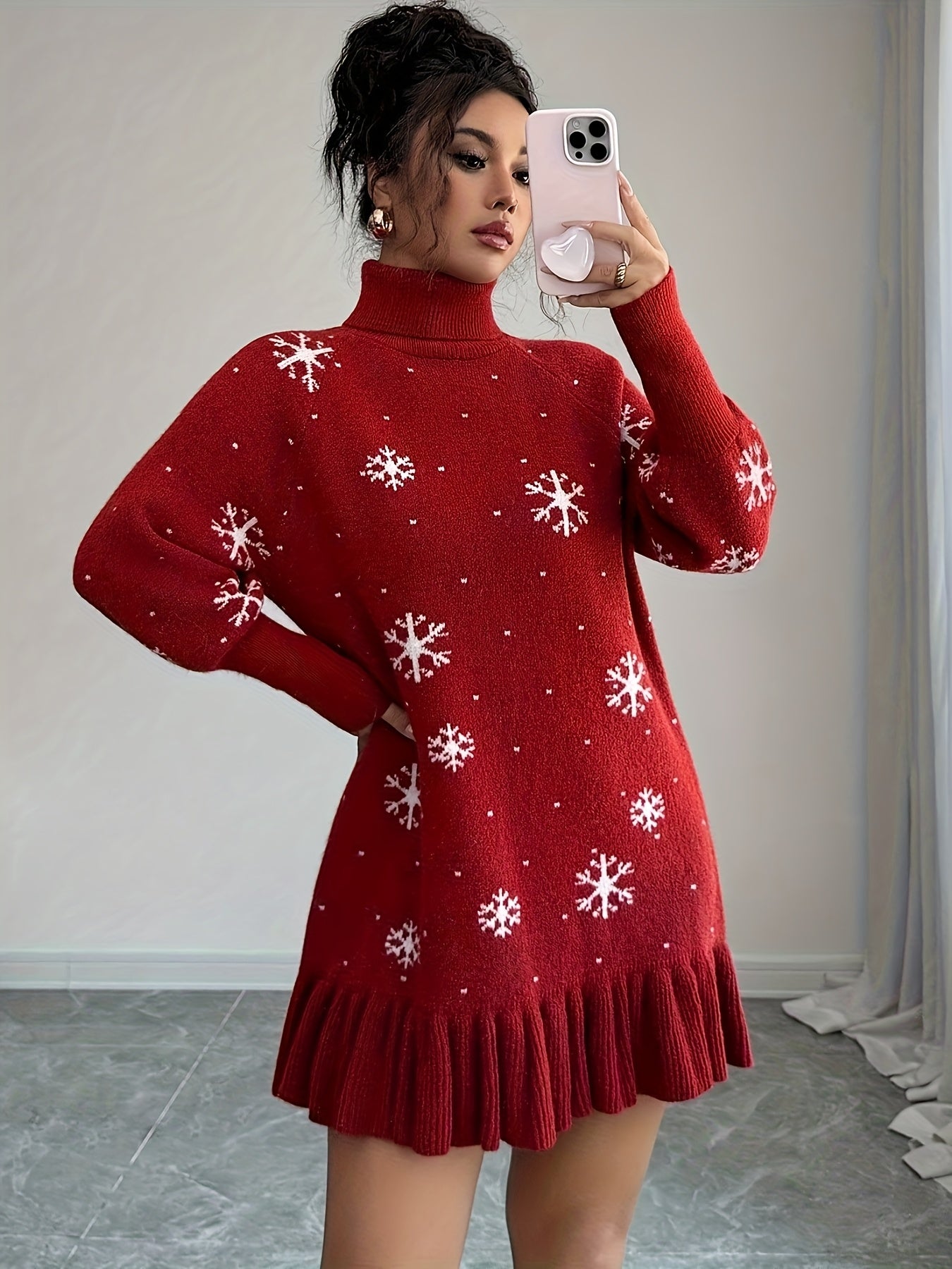 Women's Elegant Red Sweater Dress with Ruffled Hem & Snowflake Pattern Christmas Fall Winter