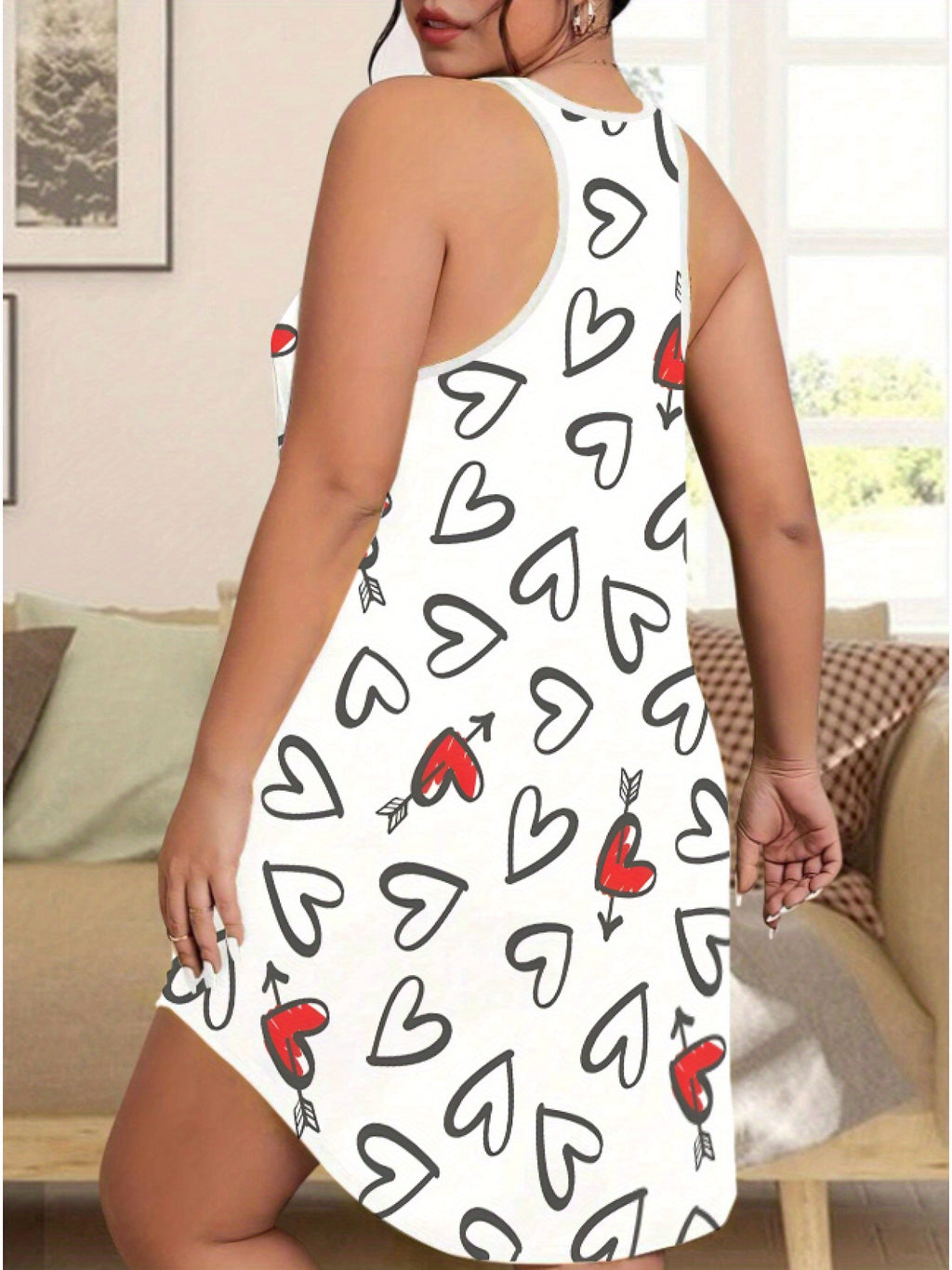 Plus Size Women'S Casual Slip Dress - Soft & Smooth Fabric, Heart Print Sleeveless Tank Dress, Easy Wear for All Seasons, Comfortable