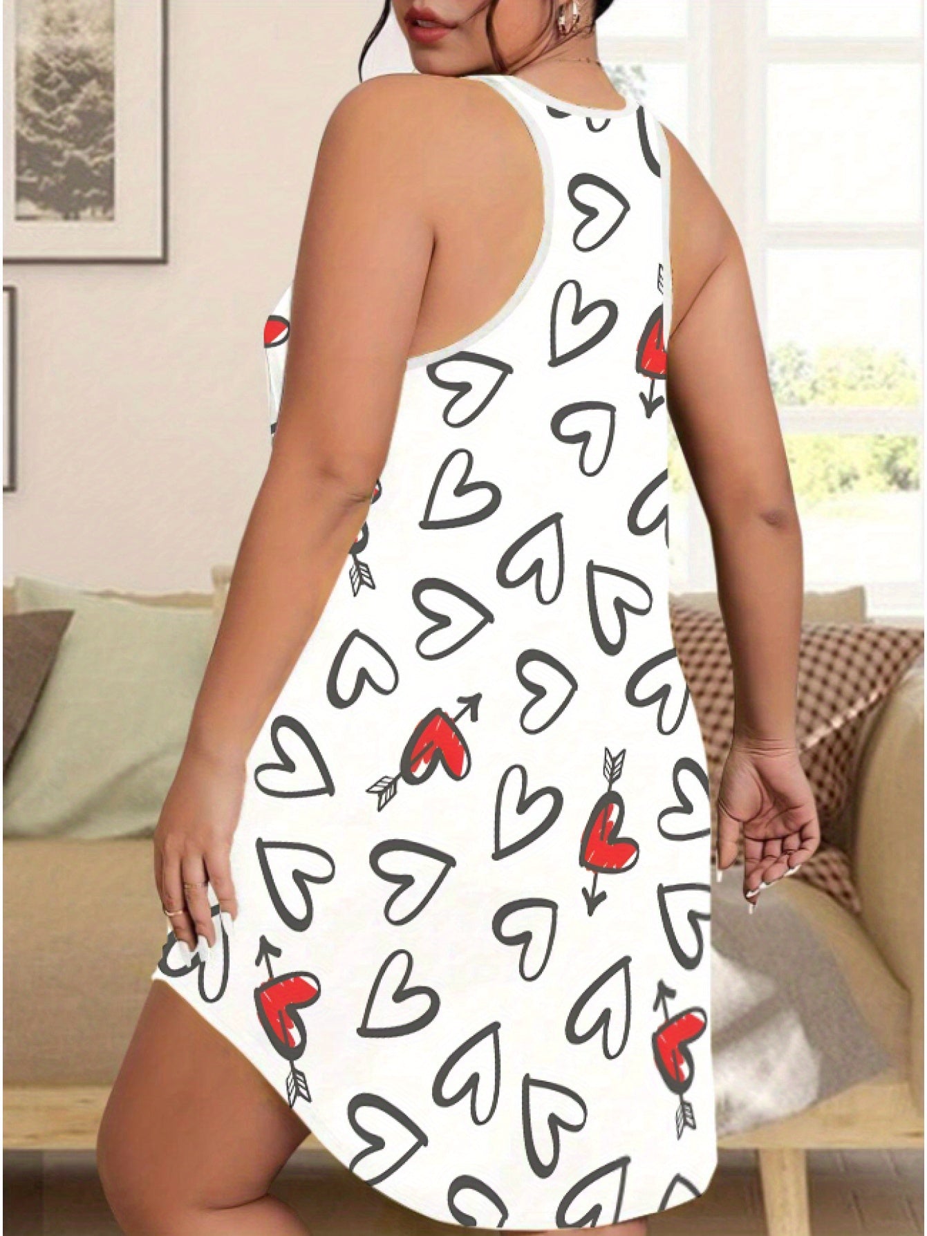 Plus Size Women'S Casual Slip Dress - Soft & Smooth Fabric, Heart Print Sleeveless Tank Dress, Easy Wear for All Seasons, Comfortable