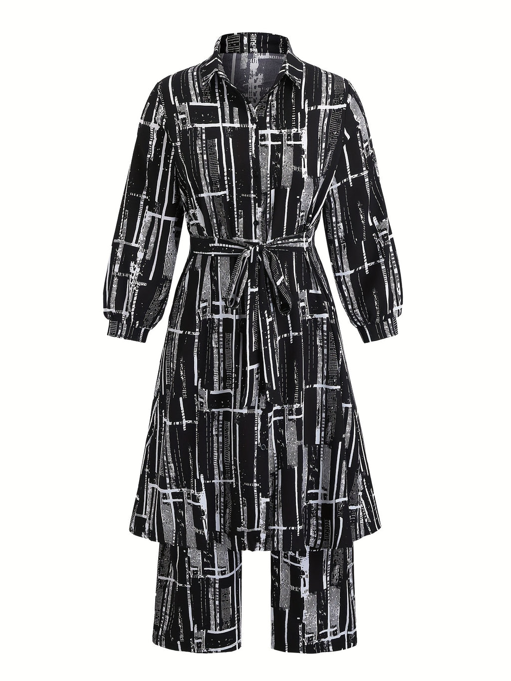 Plus Size Long Sleeve Shirt and Pants Set with Floral Print