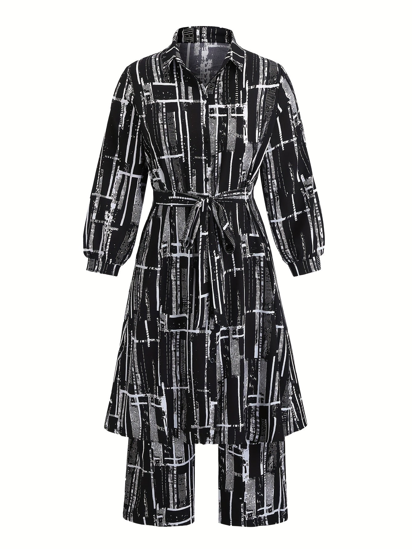 Plus Size Long Sleeve Shirt and Pants Set with Floral Print