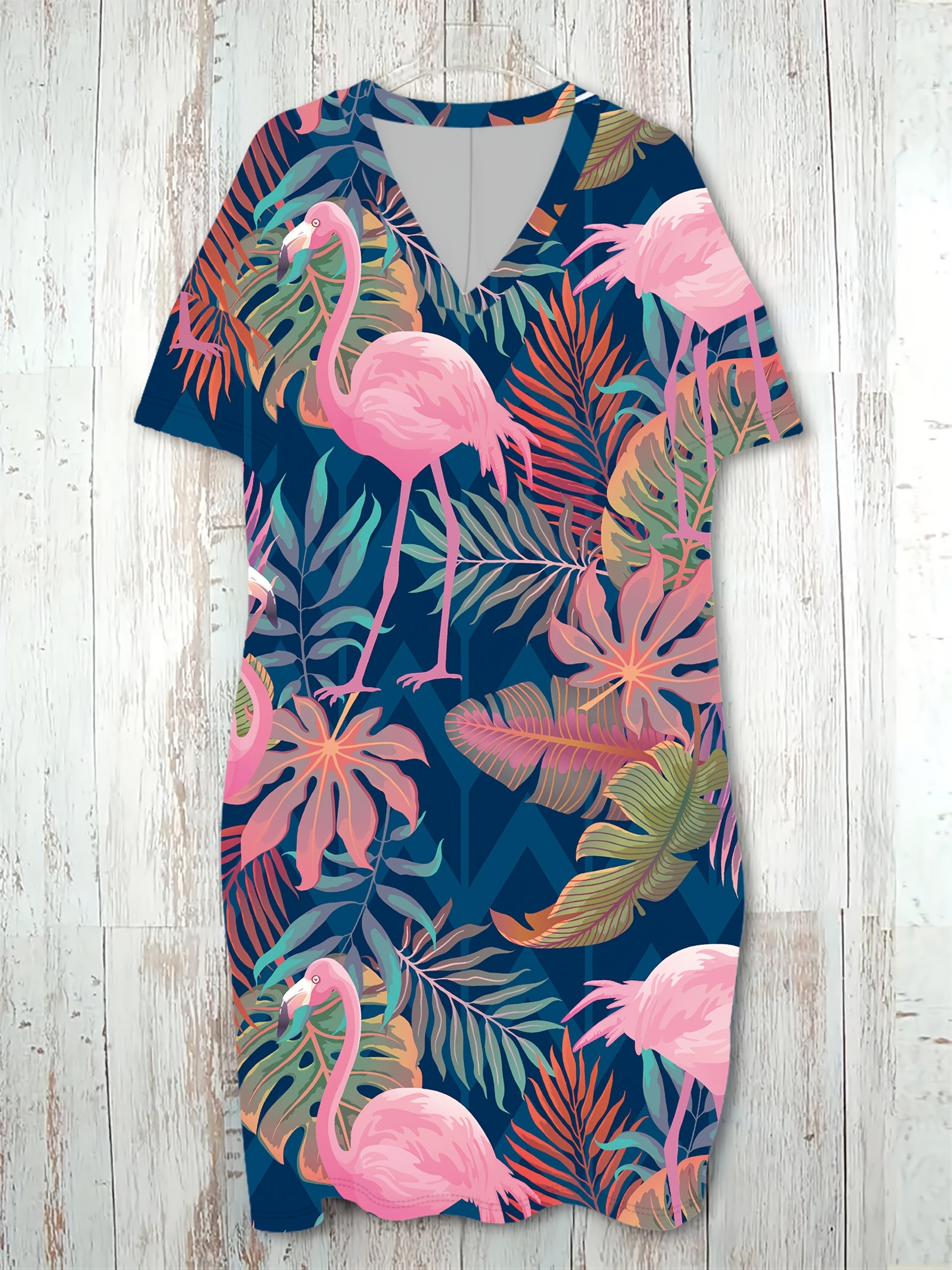 Women's Summer New Plus Size Tropical Plant Flamingo Print Casual Sport V-Neck Short Sleeve Dress