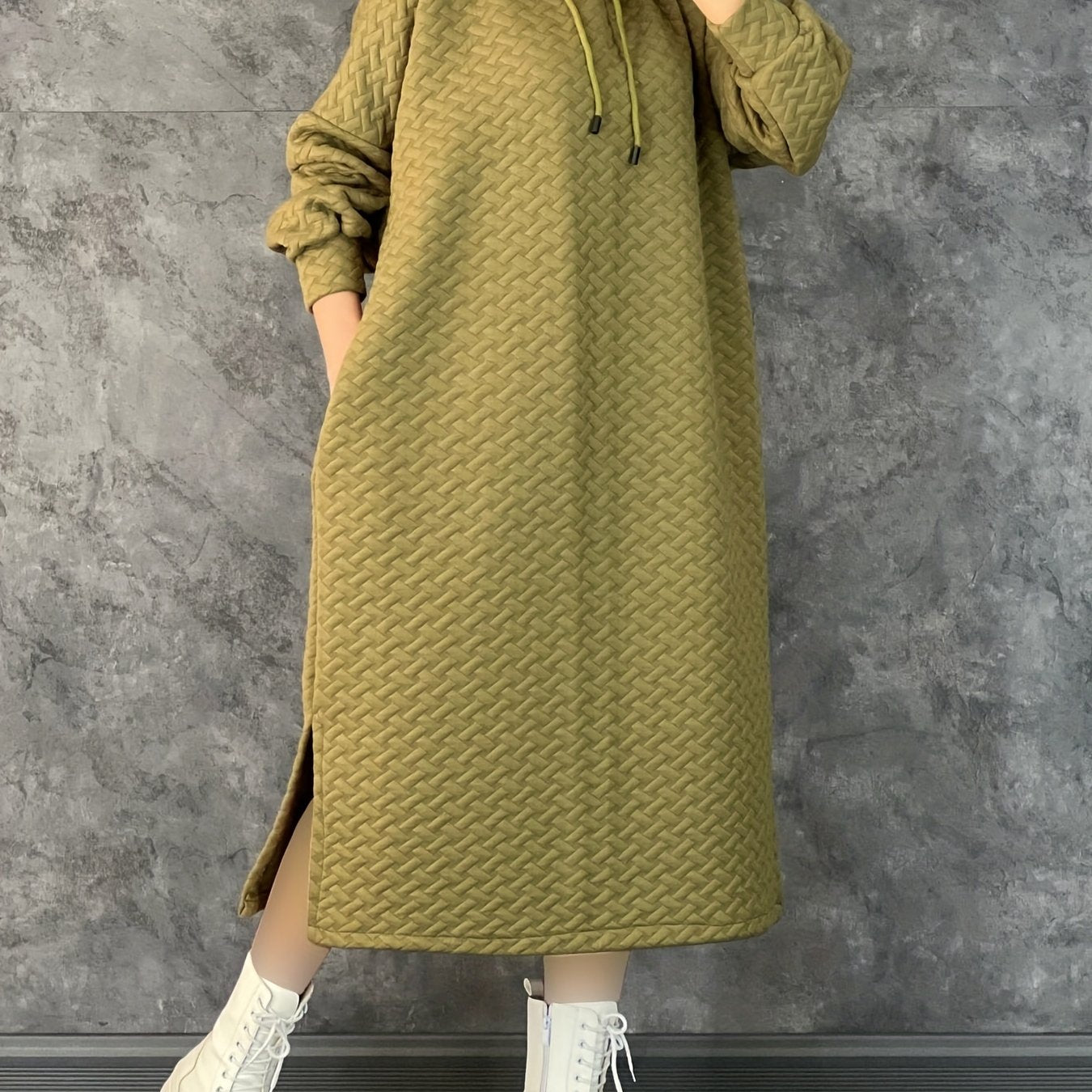 Women's Casual Hooded Long Sleeve Dress with Pockets - Solid Color