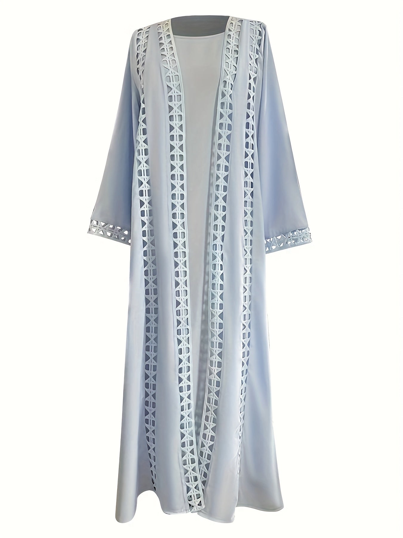 Elegant Open Long Robe Set with Lace Trim, Sleeveless Underwear Skirt and Chiffon Headscarf