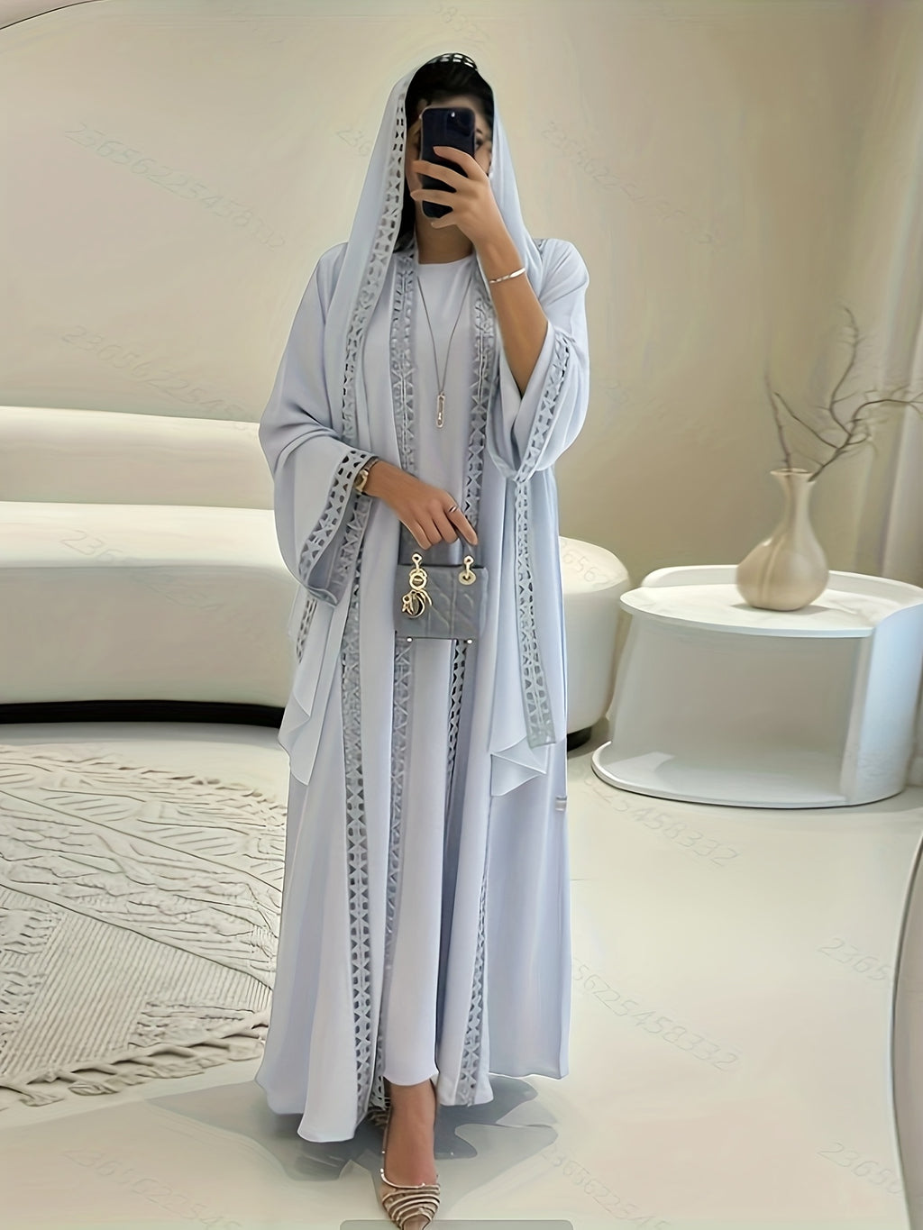 Elegant Open Long Robe Set with Lace Trim, Sleeveless Underwear Skirt and Chiffon Headscarf