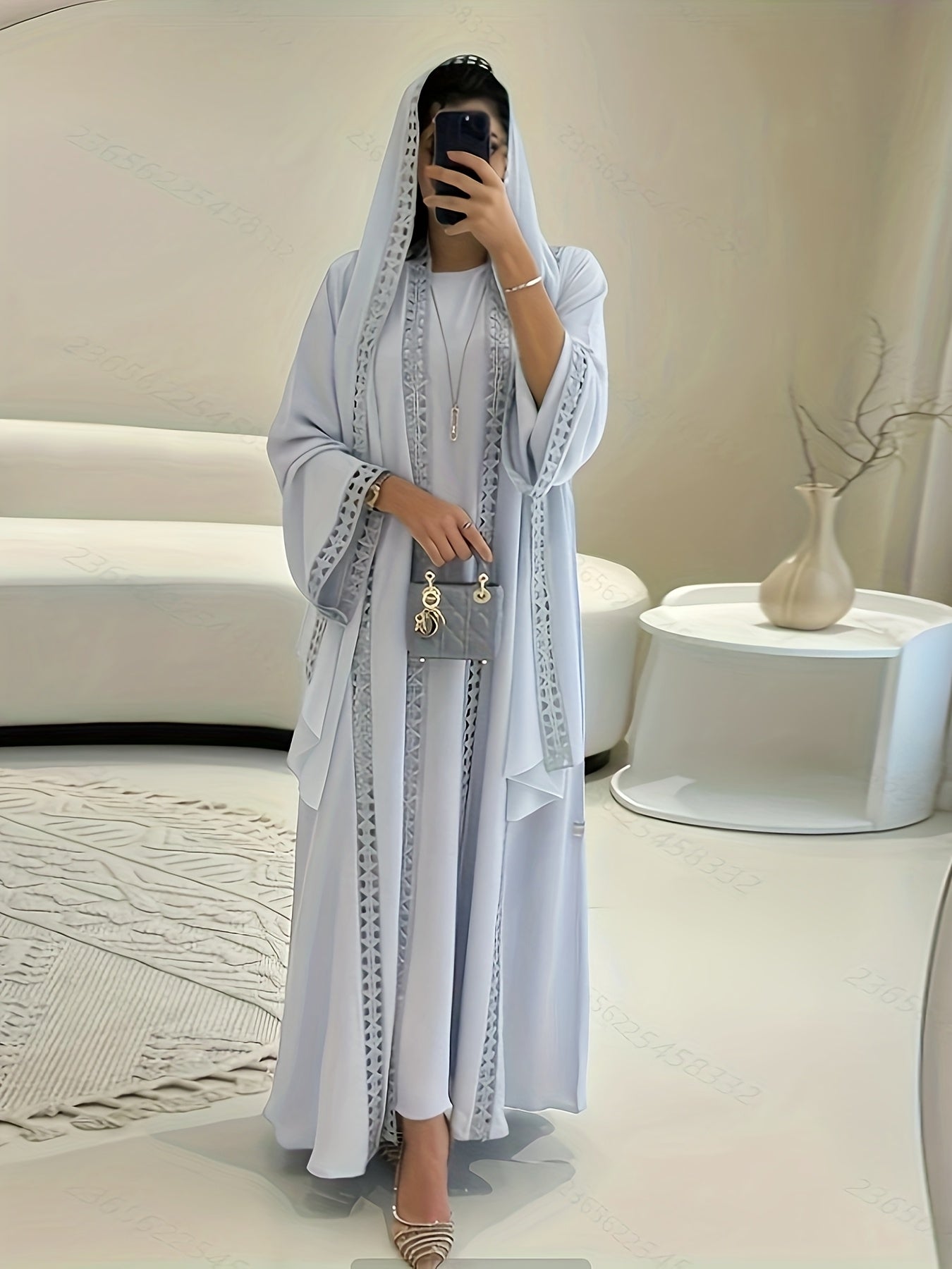 Elegant Open Long Robe Set with Lace Trim, Sleeveless Underwear Skirt and Chiffon Headscarf