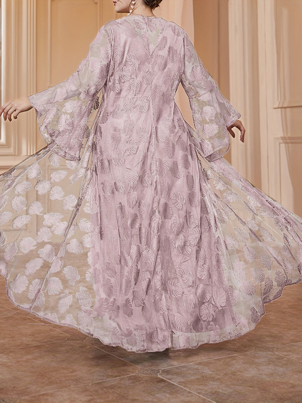 Plus Size - Elegant Round Neck Mesh Embroidery V-Neck Slim Long Dress