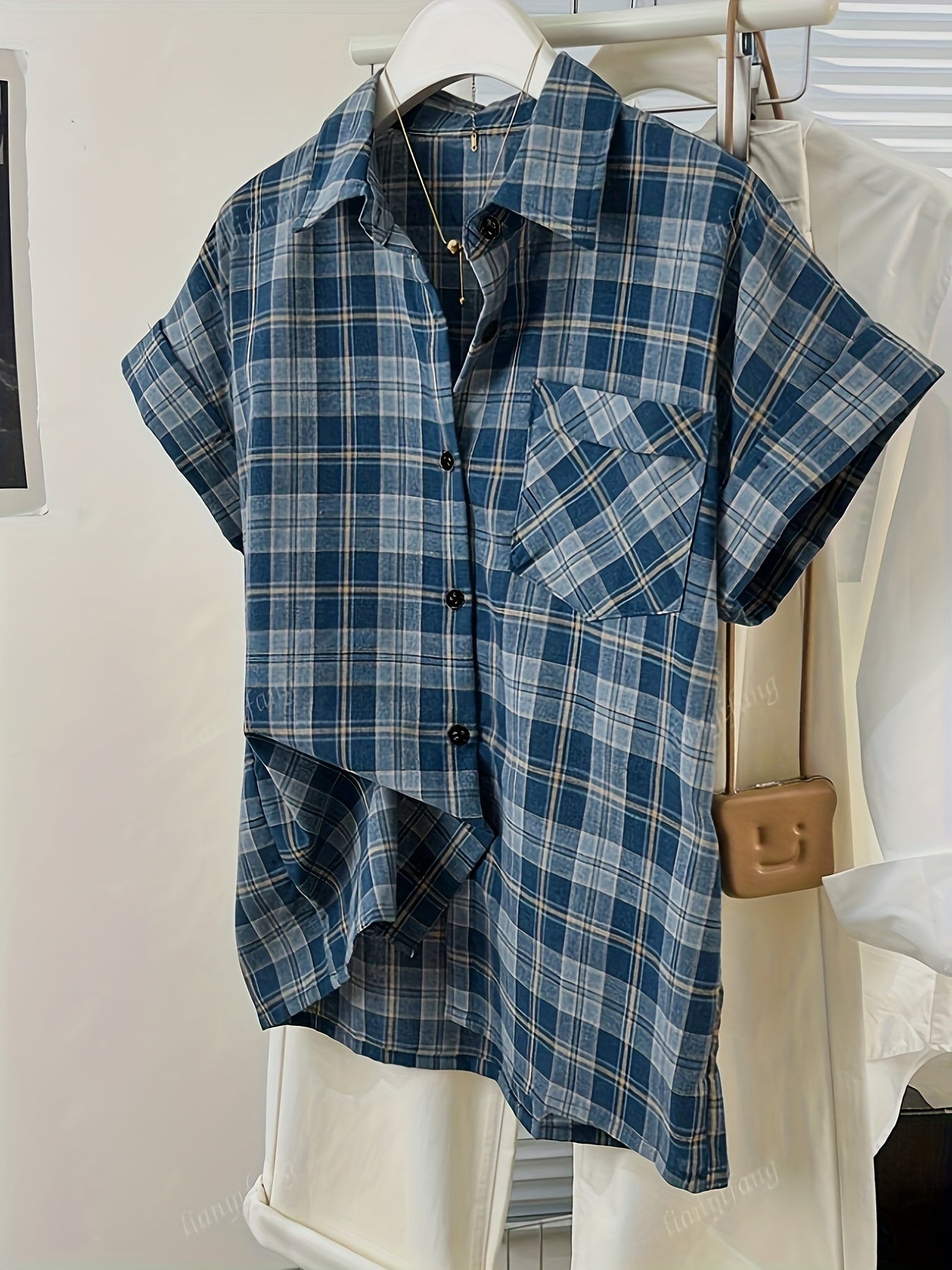 Women's Blue Plaid Loose Fit Casual Short Sleeve Shirt