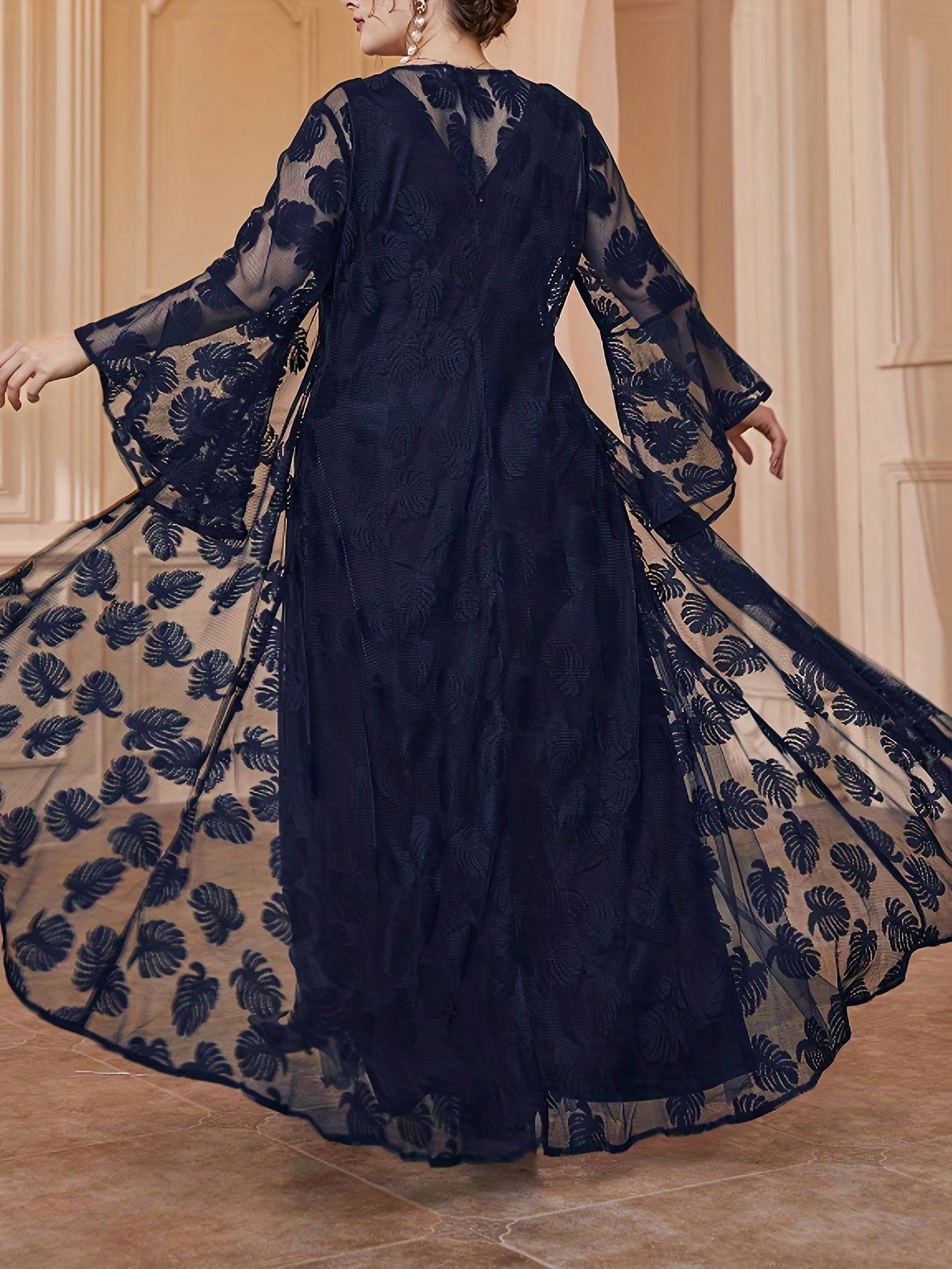 Plus Size - Elegant Round Neck Mesh Embroidery V-Neck Slim Long Dress