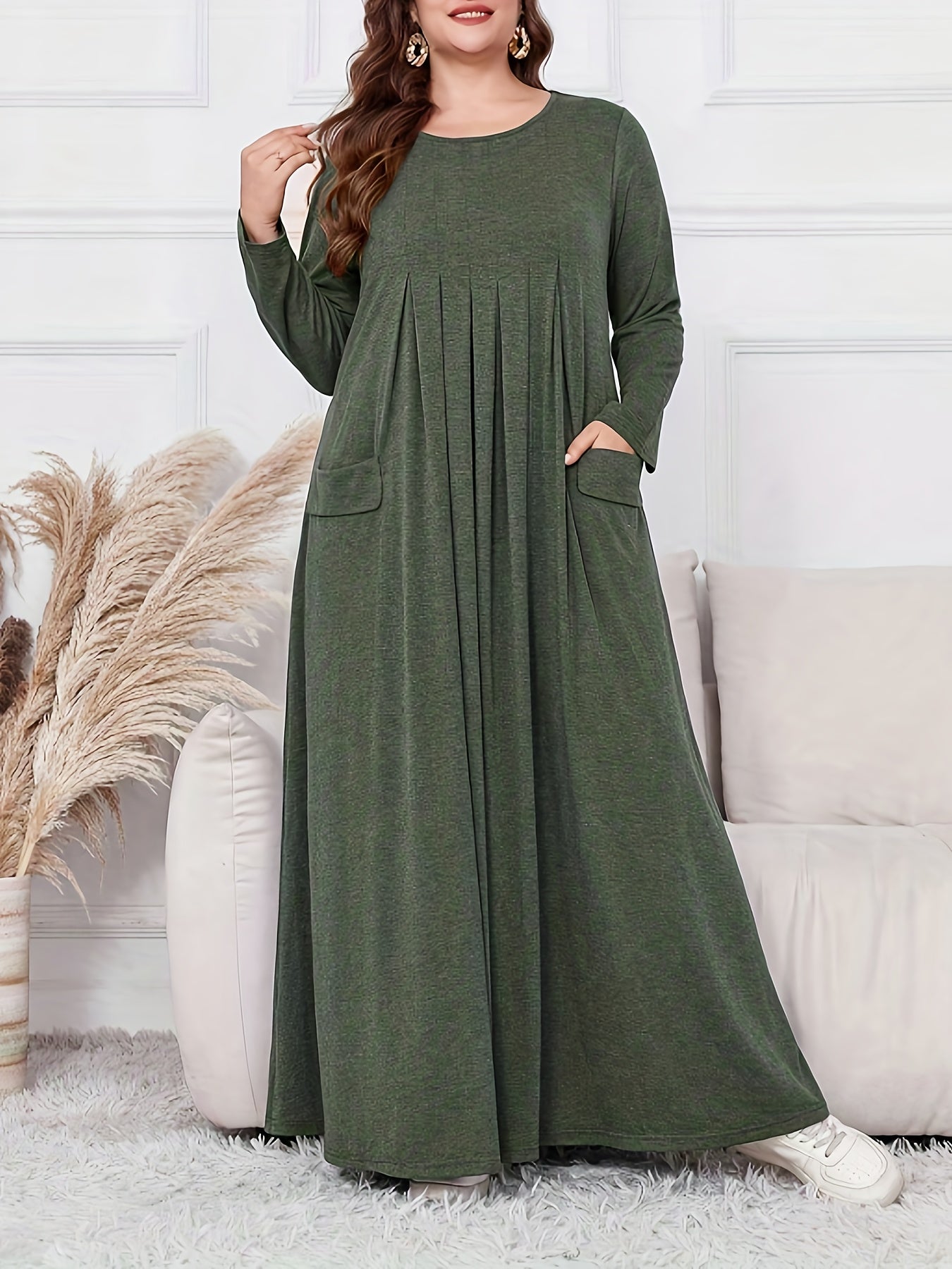 Elegant Plus Size Women's Long Sleeve Maxi Dress - Loose Fit