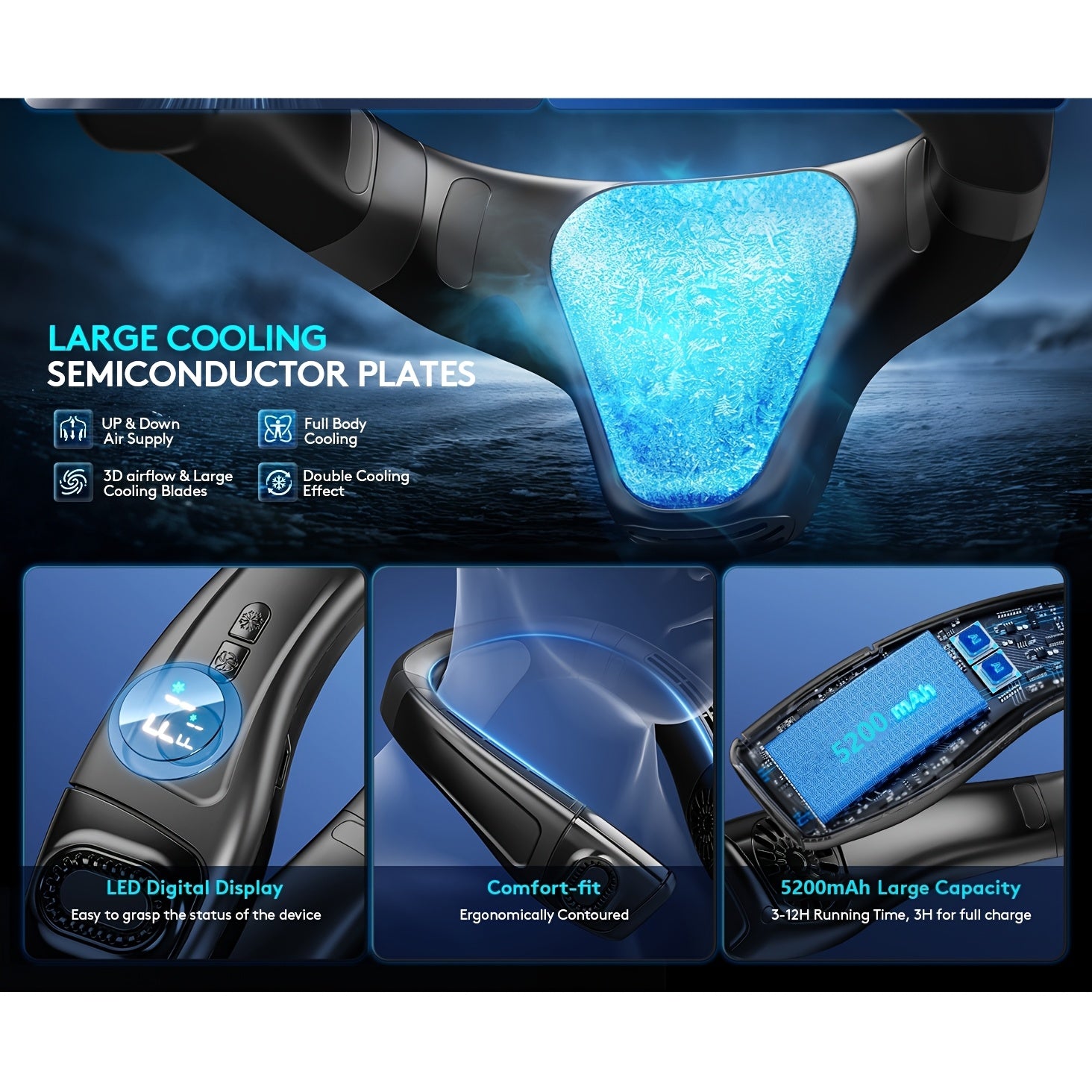 5200mAh Portable Air Conditioner Neck Fan | 3D Wind & LED Screen, Type-C Rechargeable
