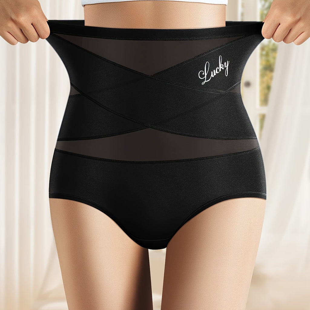 1pc MIOTAN High-Waisted Tummy Control Women'S Briefs, Breathable Mesh Crossed Waist Cincher, Fiber, Seamless Shaping Underwear with Butt Lifting, Elegant Solid Color, 90% Polyester 10% Elastane, 200gsm Knit Fabric - 1pc