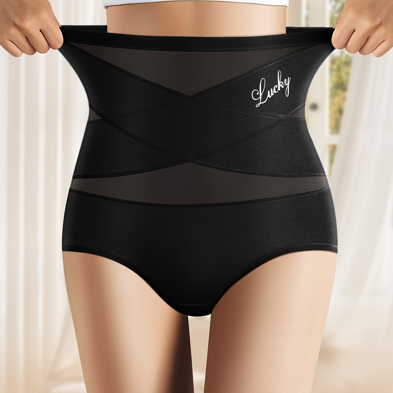 1pc MIOTAN High-Waisted Tummy Control Women'S Briefs, Breathable Mesh Crossed Waist Cincher, Fiber, Seamless Shaping Underwear with Butt Lifting, Elegant Solid Color, 90% Polyester 10% Elastane, 200gsm Knit Fabric - 1pc